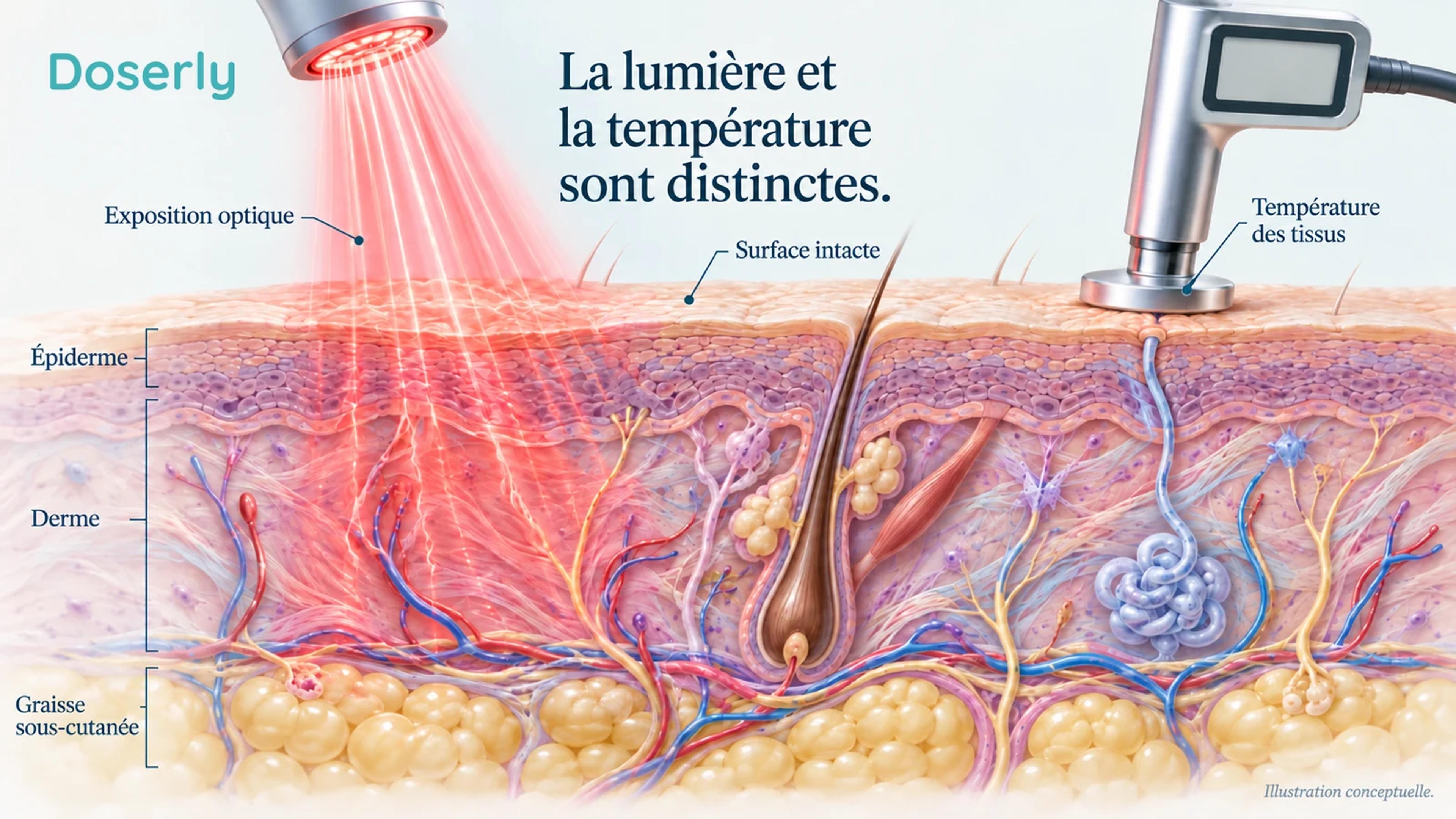 Une coupe détaillée de la peau se trouve à côté d’indicateurs conceptuels distincts de lumière et de température, sans brûlure ni affirmation d’efficacité.