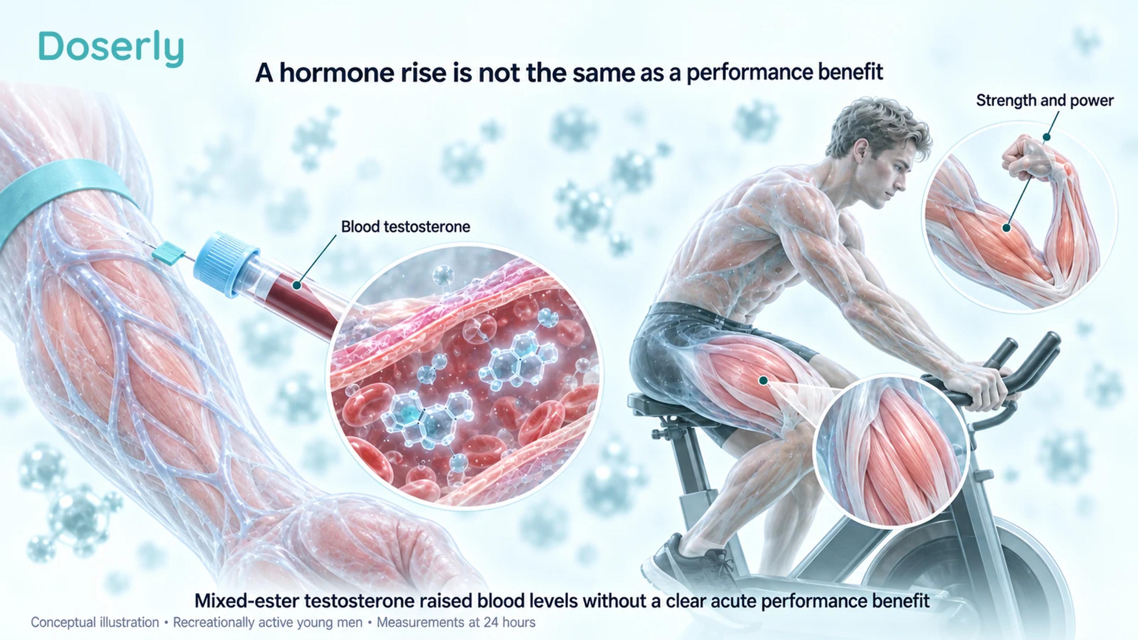 Blood measurement beside a stationary cyclist and enlarged arm muscle, distinguishing hormone concentration from acute performance.