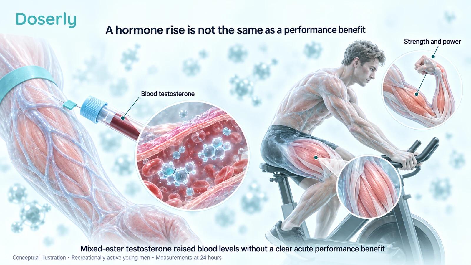Blood measurement beside a stationary cyclist and enlarged arm muscle, distinguishing hormone concentration from acute performance.