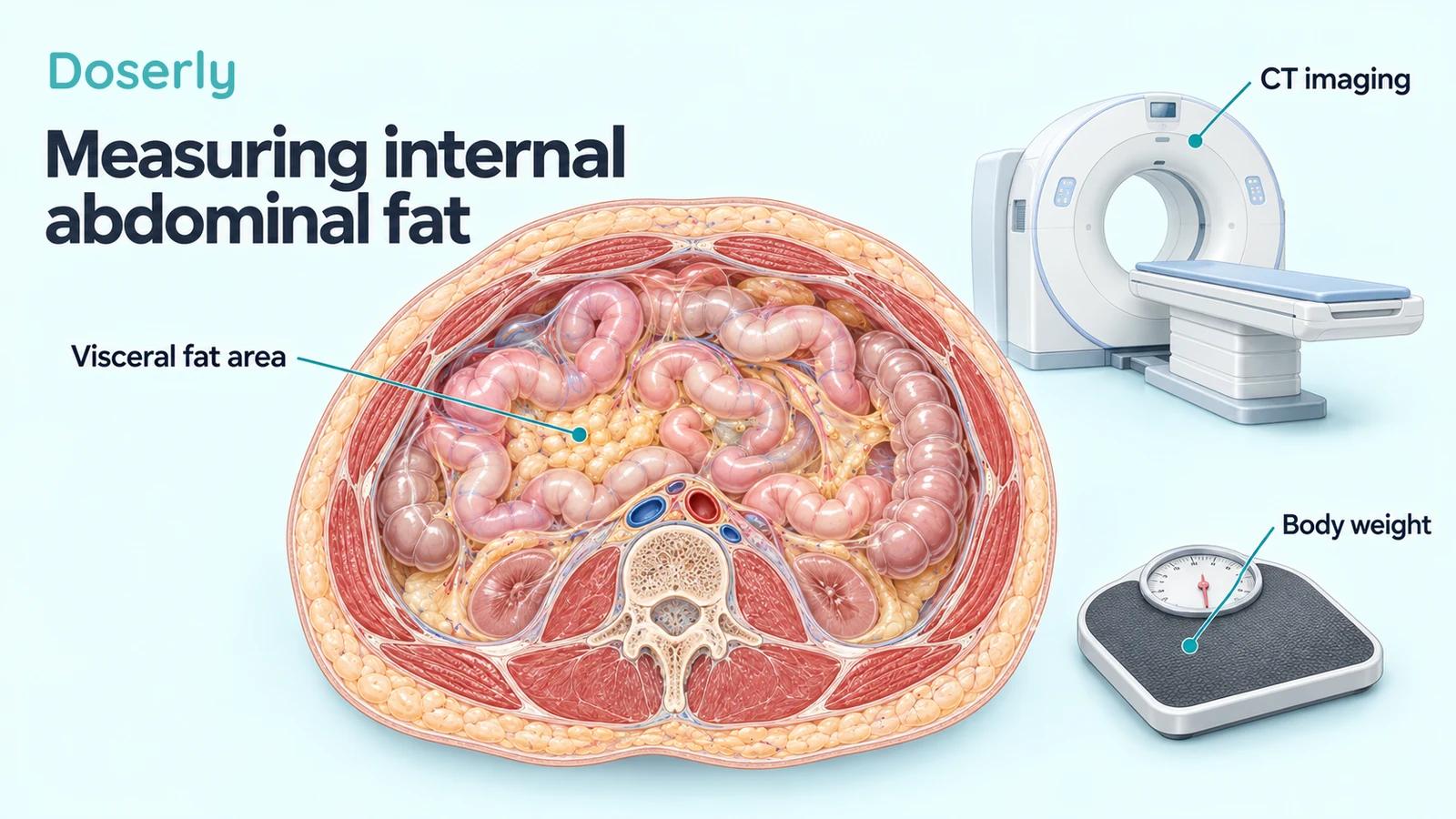 Illustrated CT examination with an enlarged abdominal cross-section identifying visceral fat, alongside a separate body-weight scale