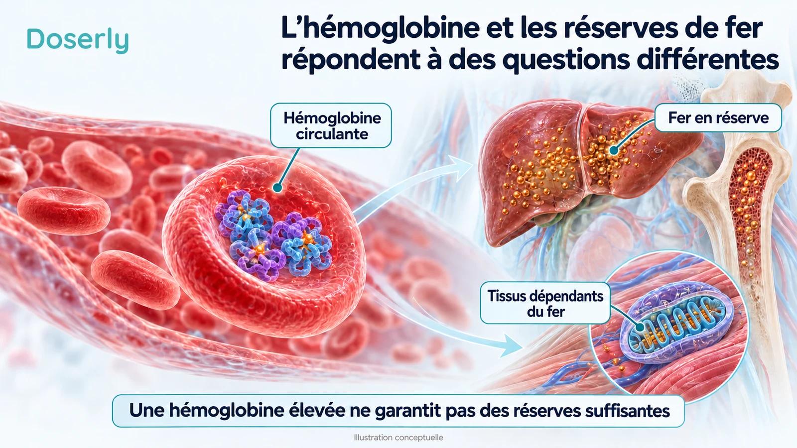 Les globules rouges circulants, le fer en réserve et les tissus musculaires dépendants du fer expliquent pourquoi l’hémoglobine et la ferritine ne sont pas interchangeables.