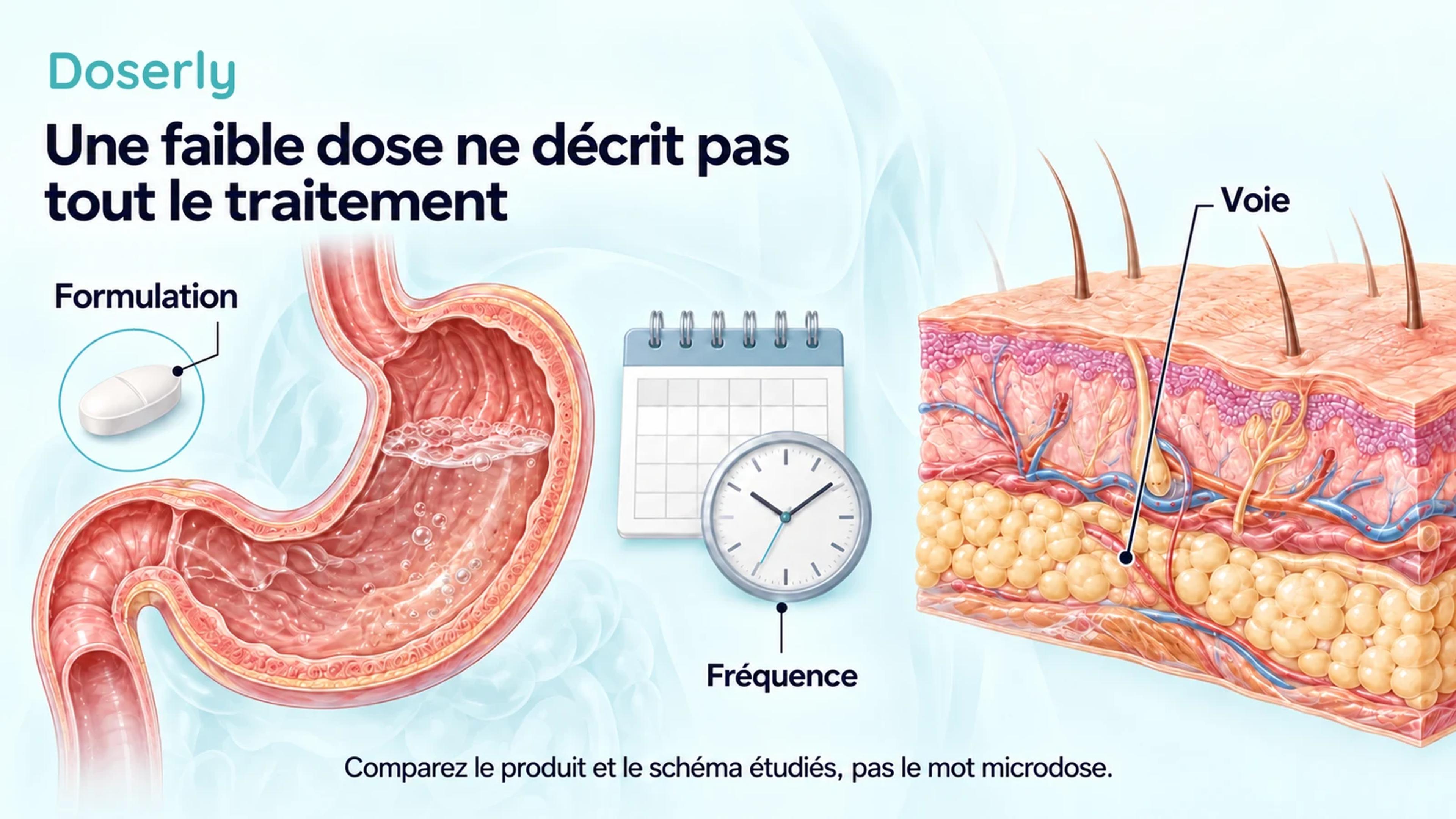 Des coupes détaillées de l’estomac et de la peau, à côté d’un calendrier et d’une horloge, distinguent la formulation, la voie sous-cutanée et la fréquence d’administration.