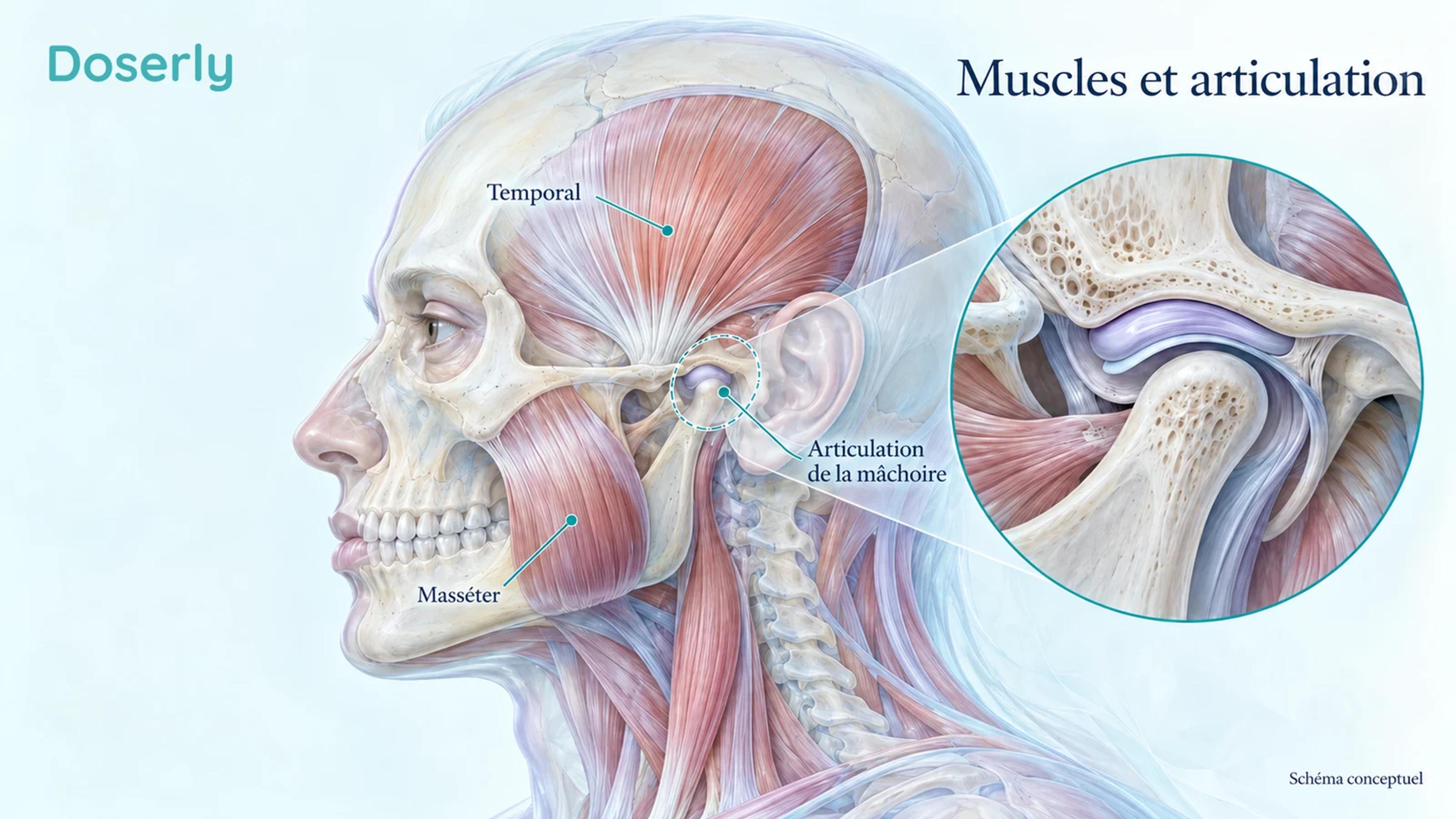 Une vue anatomique de profil montre l’articulation de la mâchoire près de l’oreille ainsi que les muscles masséter et temporal, avec un encadré agrandi de l’articulation.