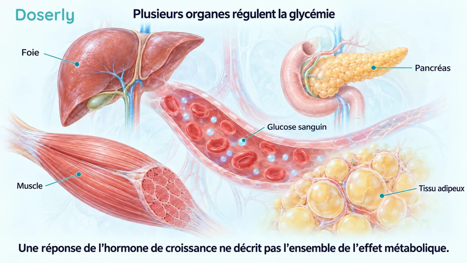 Représentation détaillée du foie, du pancréas, du muscle squelettique et du tissu adipeux autour d’un vaisseau sanguin schématique contenant du glucose.