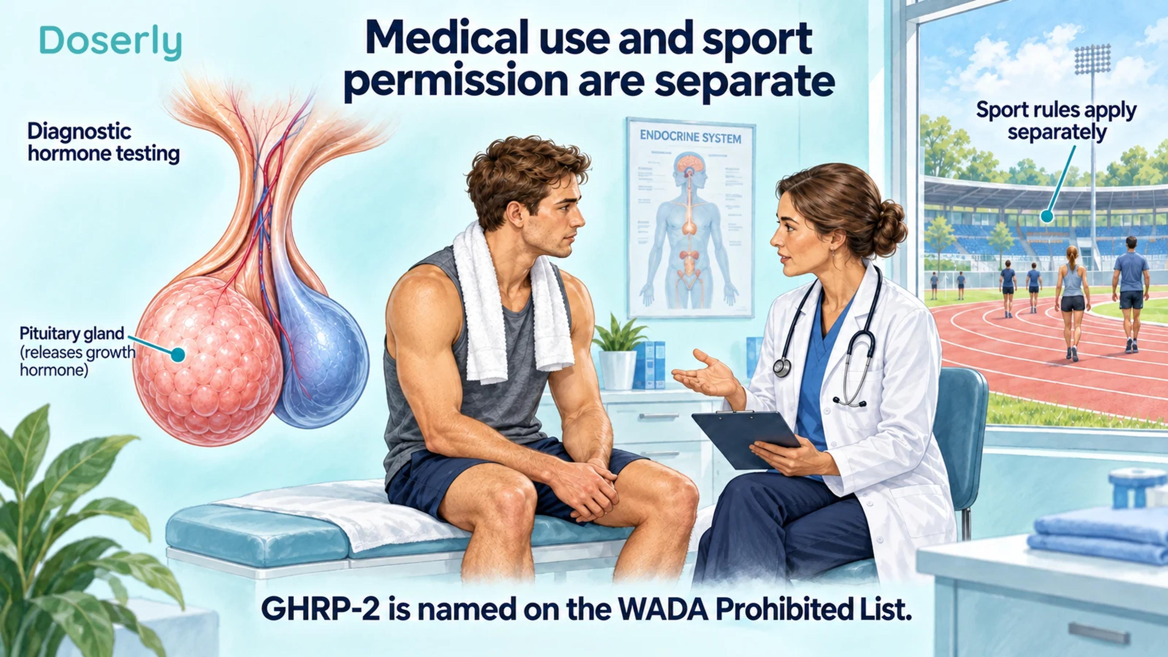 An athlete and clinician discuss care beside pituitary anatomy and a view of an athletics track.