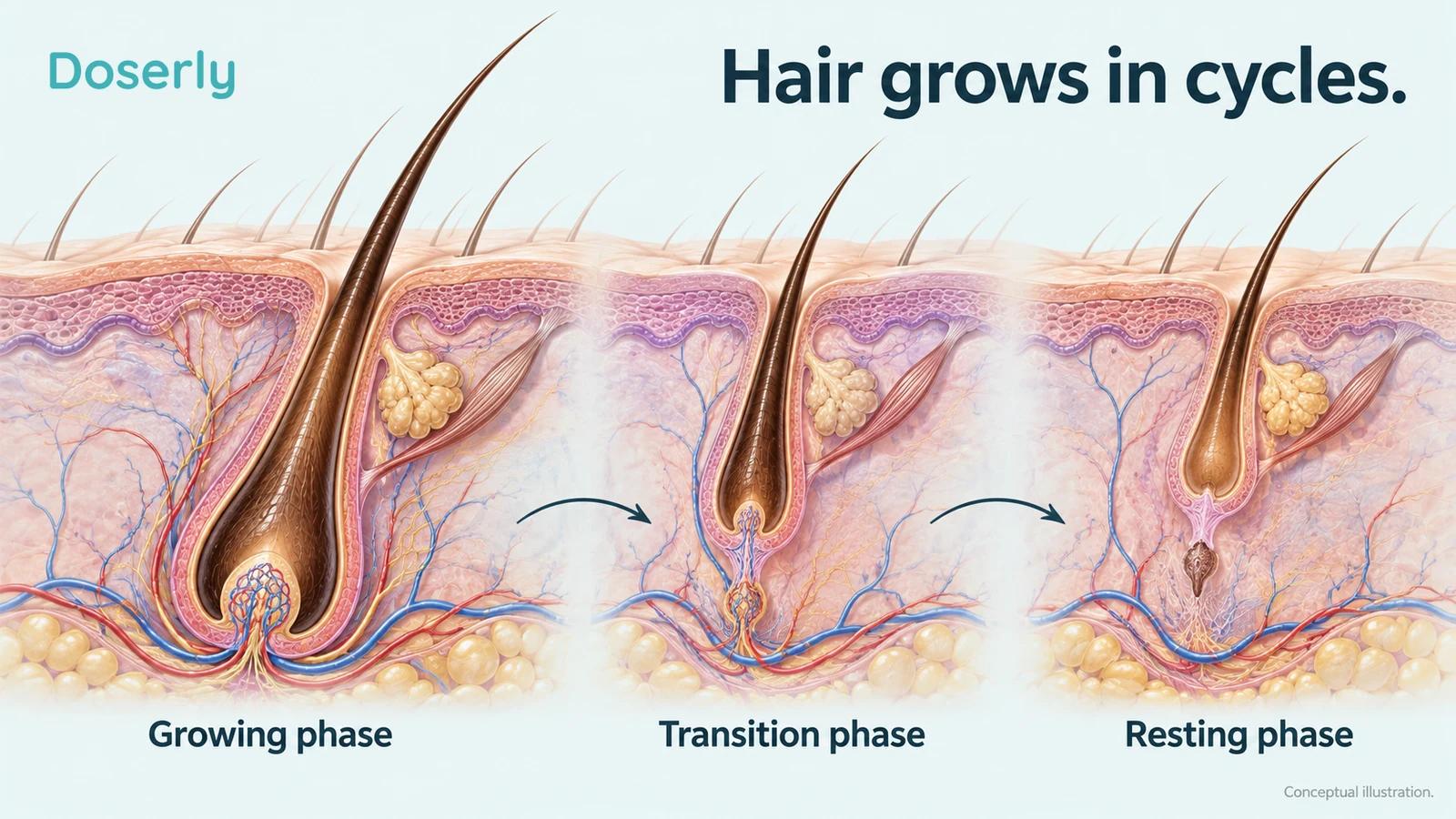 Three detailed scalp follicle models show the growing, transition and resting phases of the hair cycle.