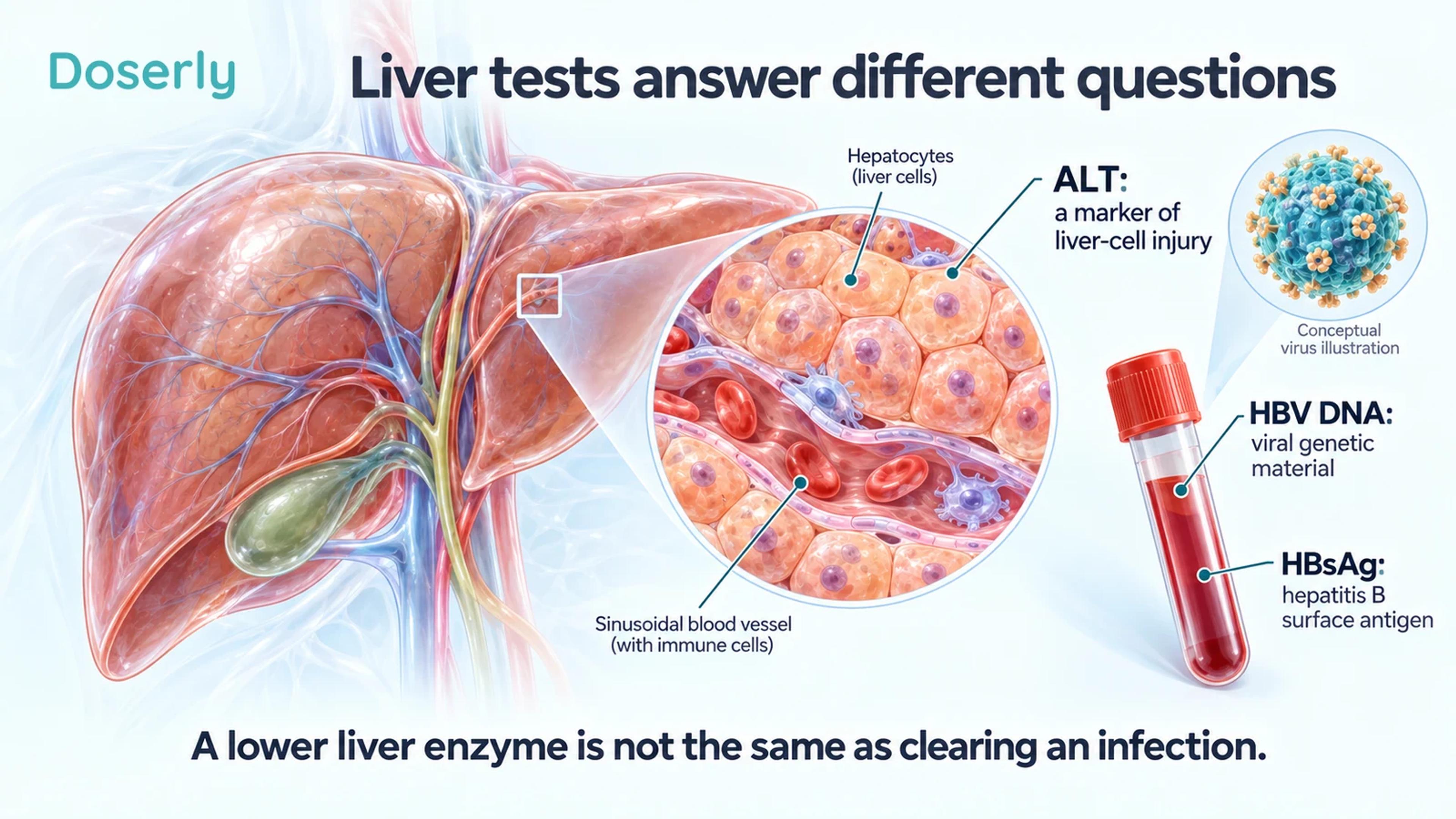 Detailed liver and liver-cell anatomy beside a blood sample illustrate ALT, HBV DNA and hepatitis B surface antigen.