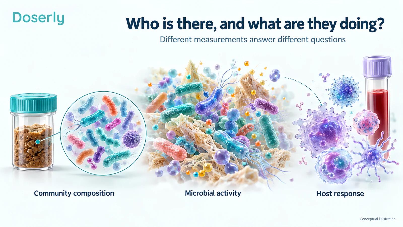 Stool sampling, a conceptual microbial community processing fiber, and blood-based immune measurements shown as distinct research views.