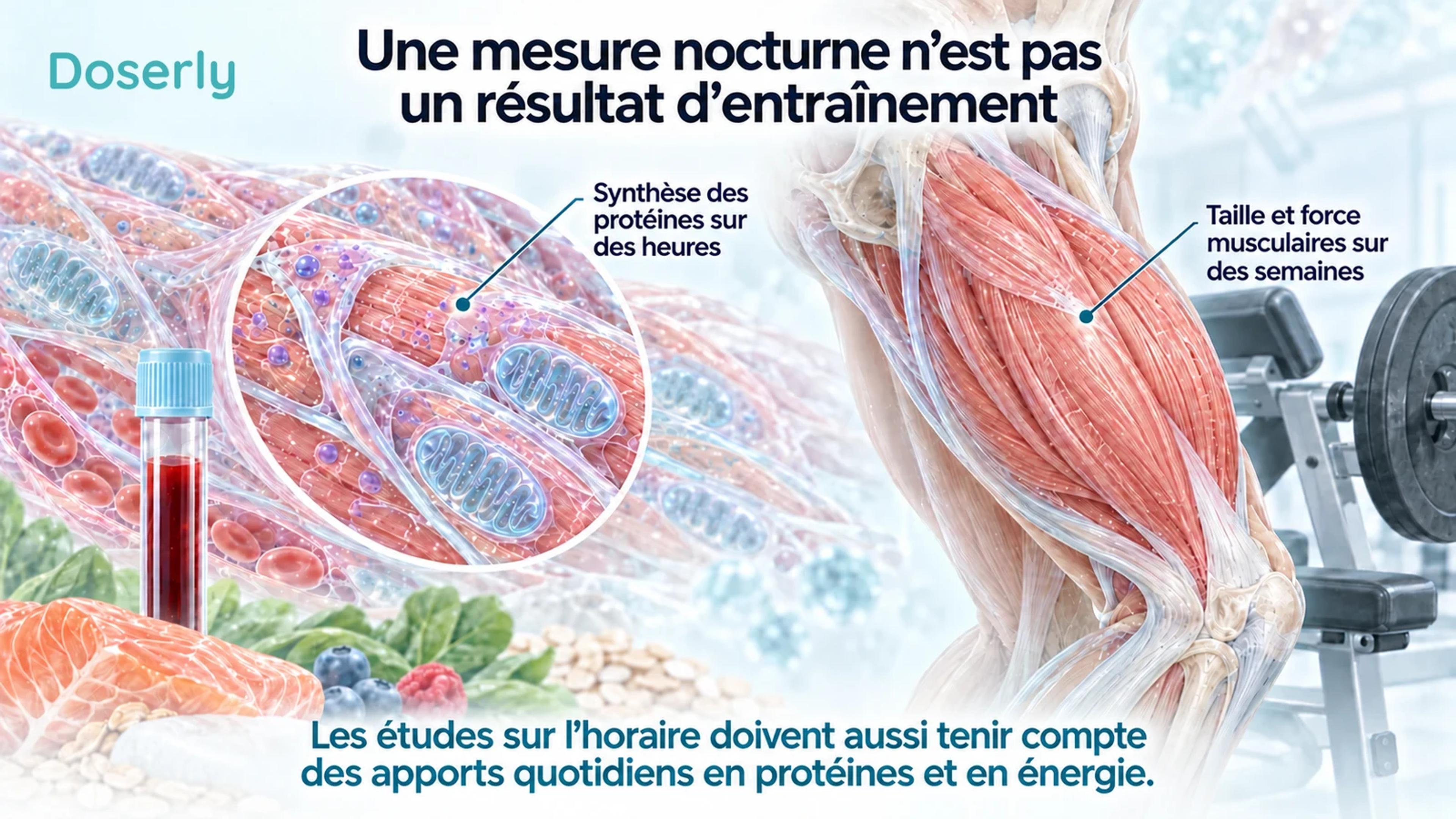 Une fibre musculaire et une fiole d’échantillon à côté de l’anatomie complète de la cuisse distinguent la synthèse à court terme des résultats d’entraînement à plus long terme.