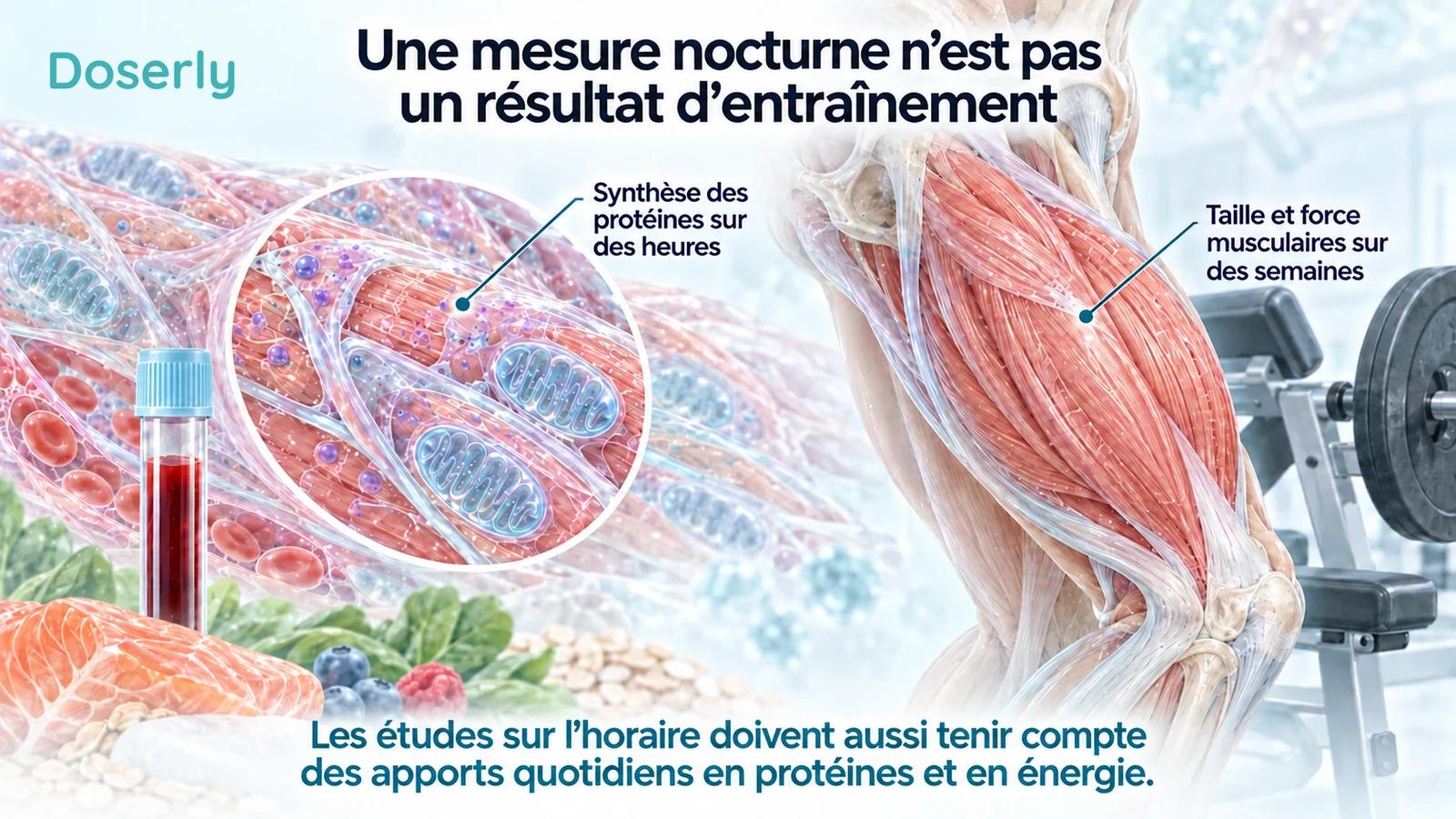 Une fibre musculaire et une fiole d’échantillon à côté de l’anatomie complète de la cuisse distinguent la synthèse à court terme des résultats d’entraînement à plus long terme.