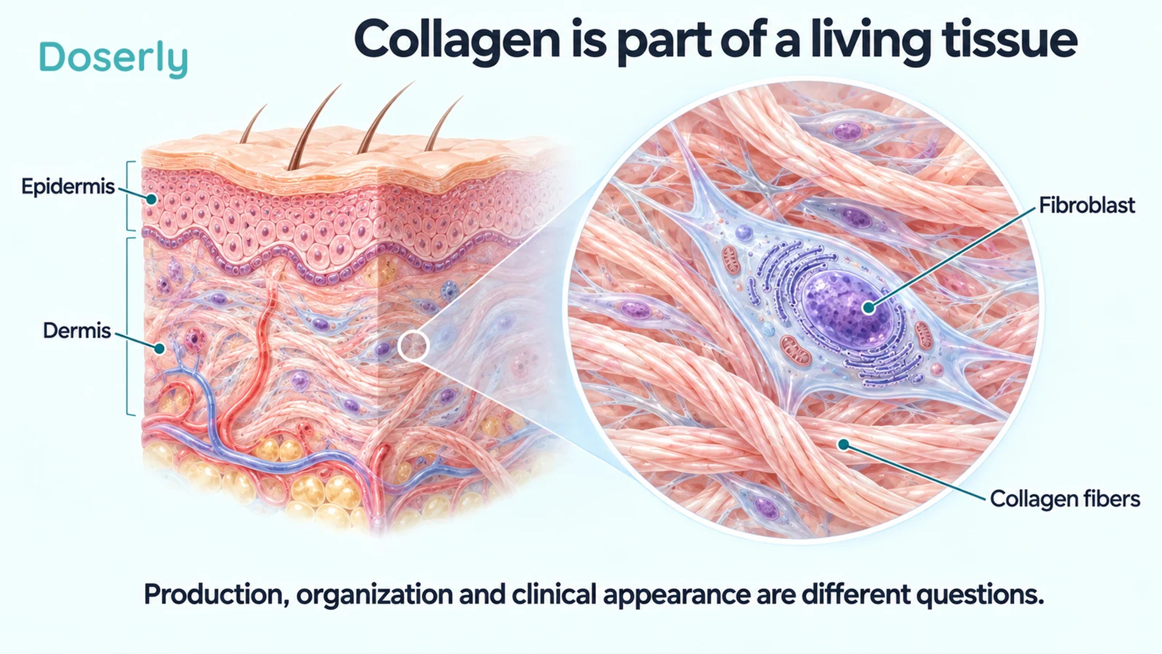 A skin cross-section and magnified fibroblast surrounded by collagen fibers.