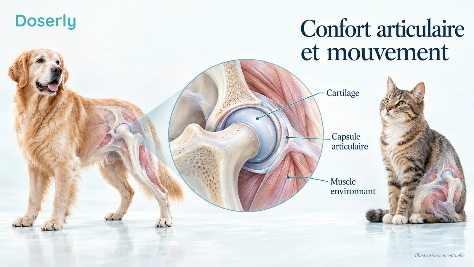 Un chien et un chat à côté d’une représentation conceptuelle agrandie de l’articulation de la hanche montrant le cartilage, la capsule et les muscles environnants.