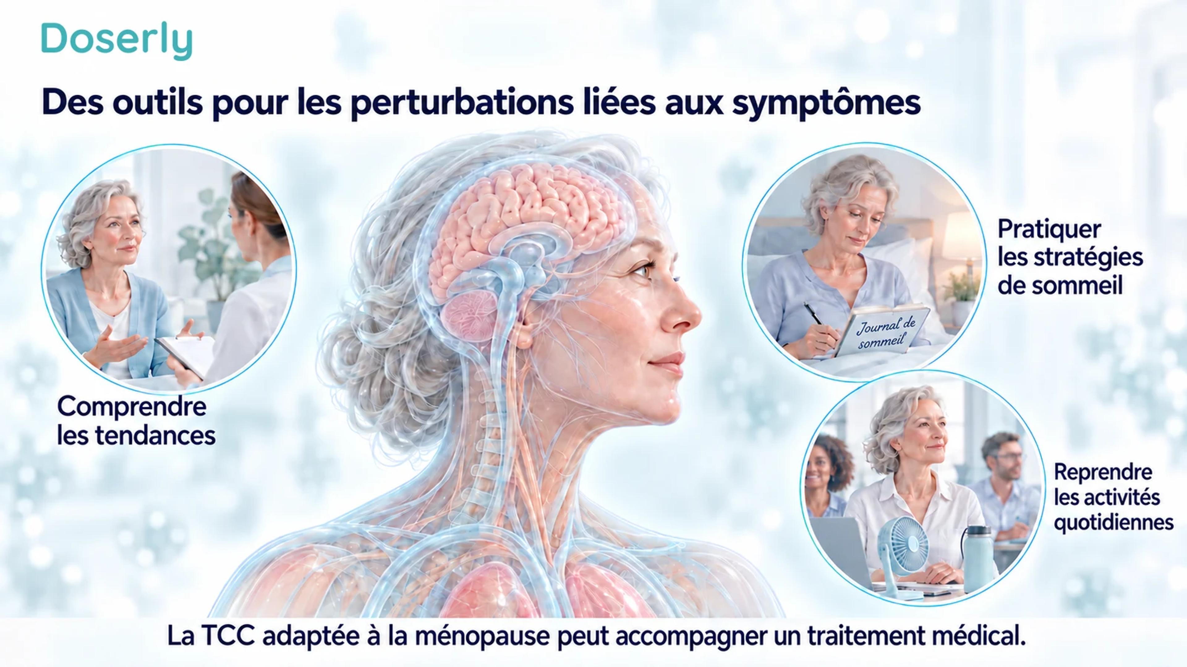 Une femme translucide illustrée, entourée de scènes de consultation, de journal de sommeil et d’activités quotidiennes représentant des compétences structurées de TCC.