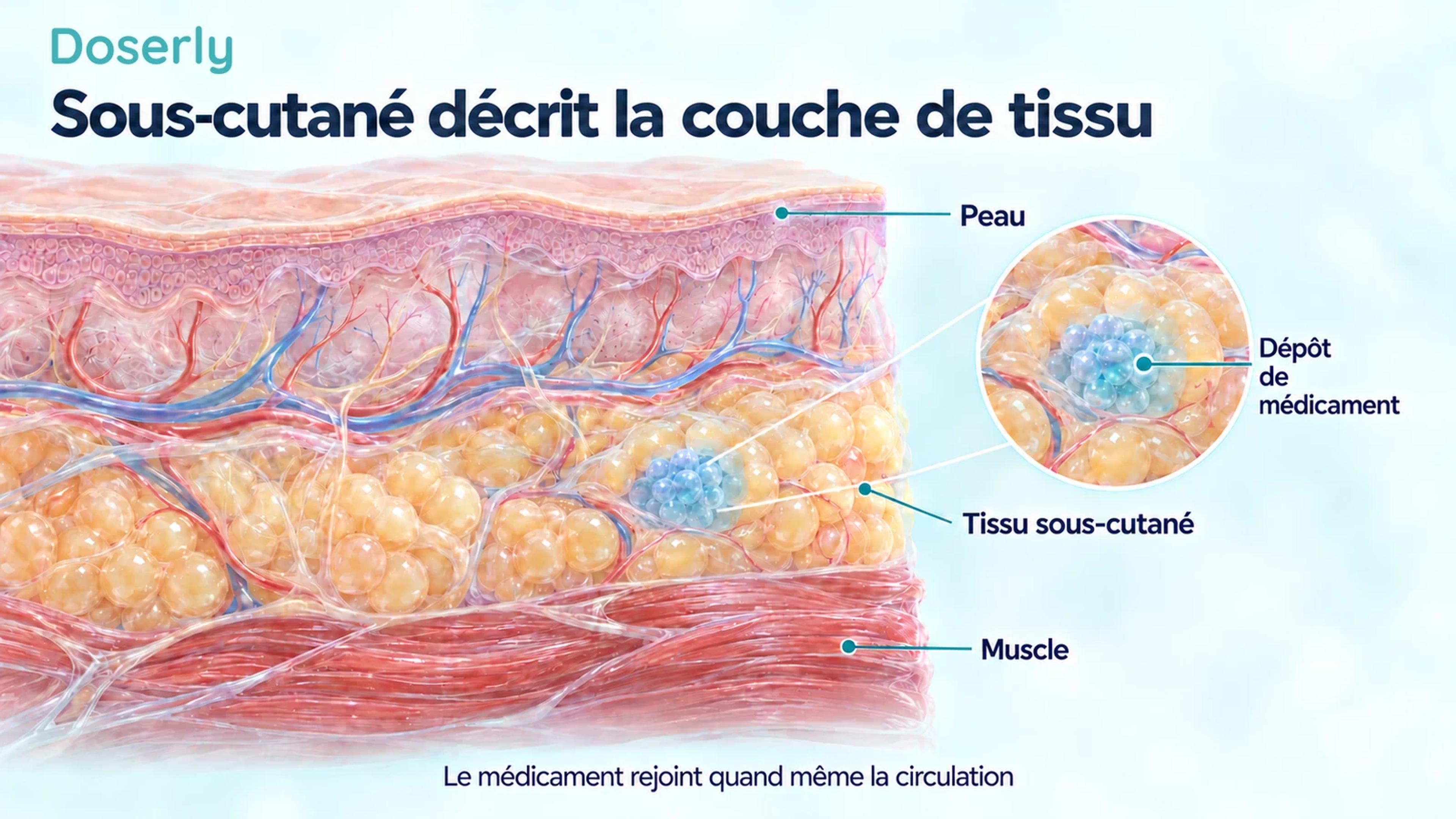 Une coupe détaillée de la peau montre la couche de graisse sous-cutanée au-dessus du muscle, avec un petit dépôt de médicament dans le tissu sous-cutané.