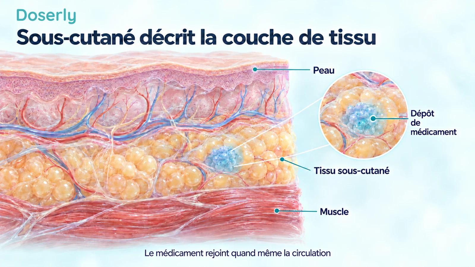 Une coupe détaillée de la peau montre la couche de graisse sous-cutanée au-dessus du muscle, avec un petit dépôt de médicament dans le tissu sous-cutané.