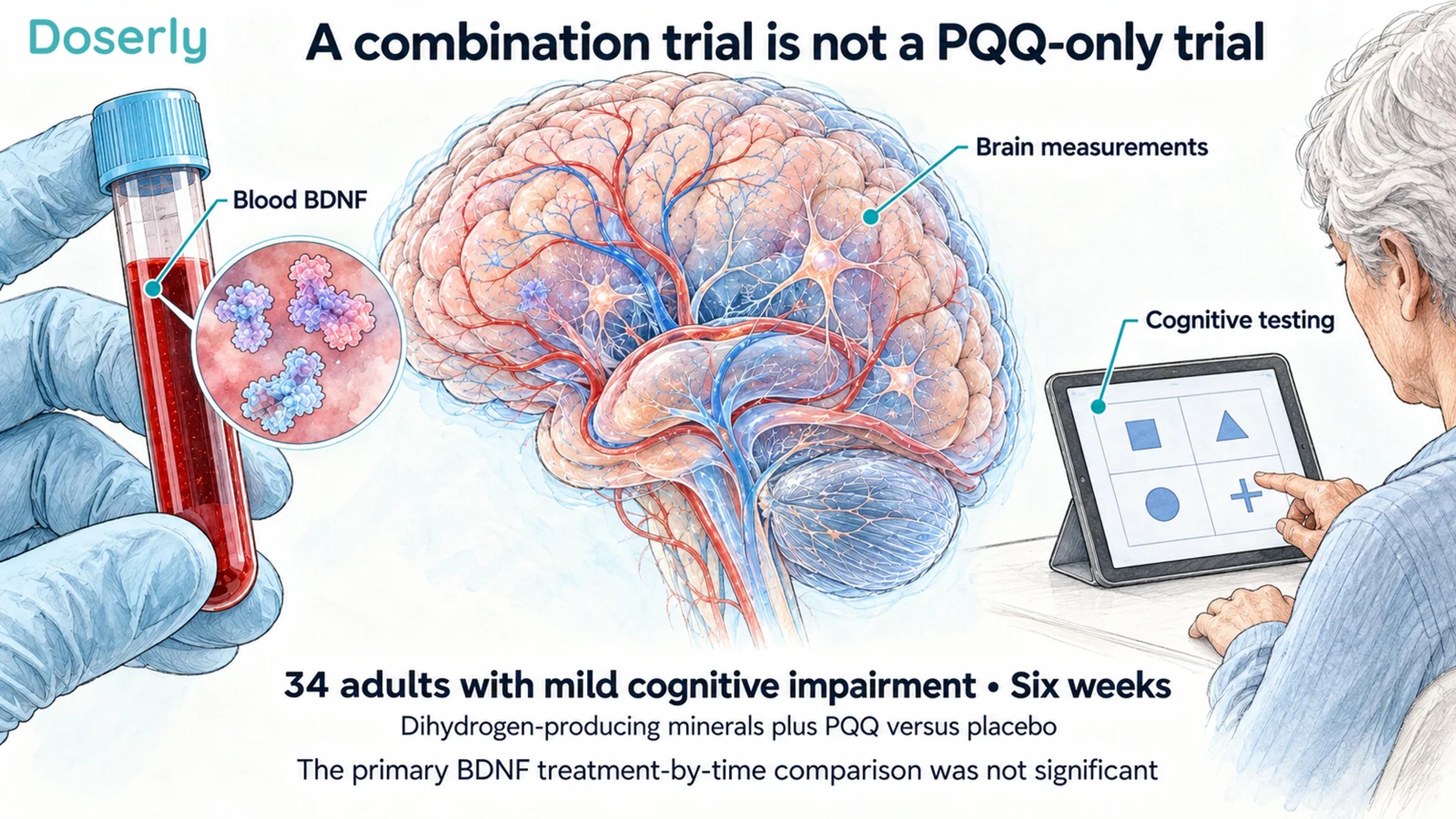Blood sampling, conceptual brain anatomy and cognitive testing show the separate measurements in a combination trial involving PQQ.