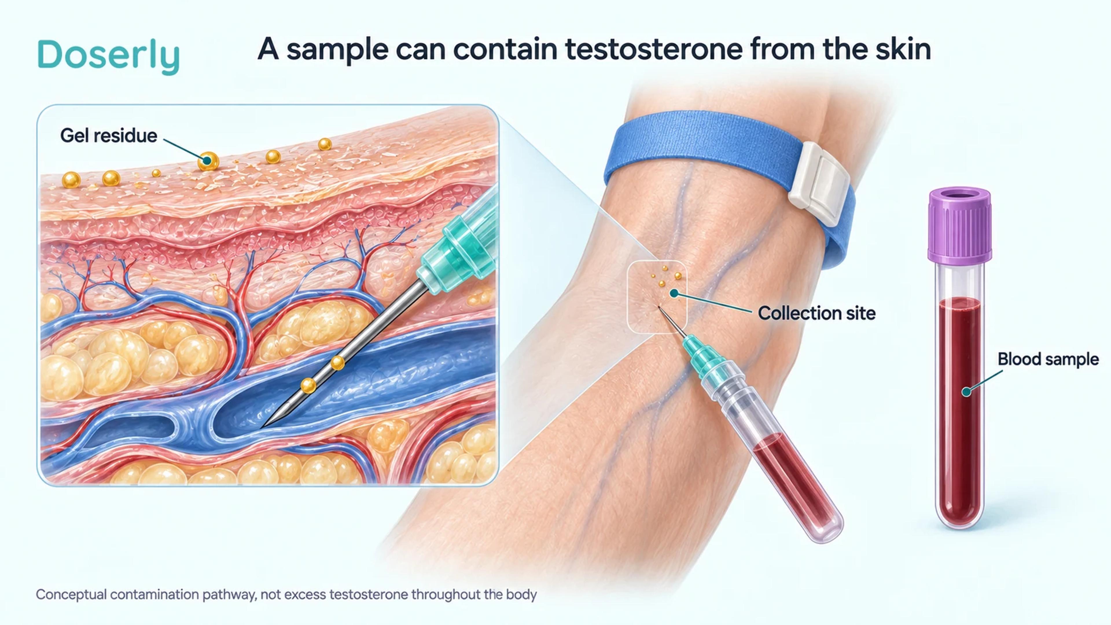 Skin residue and a venipuncture site illustrate how external testosterone can enter a blood sample.