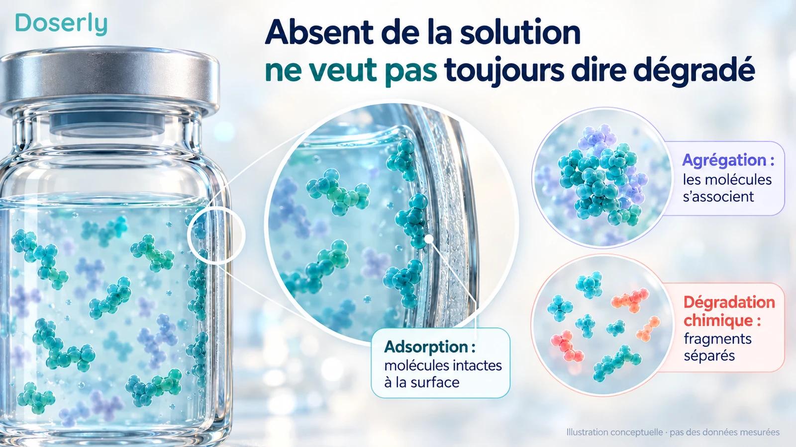 Diagrammes distincts de molécules adhérant au verre, formant des agrégats et subissant une transformation chimique.
