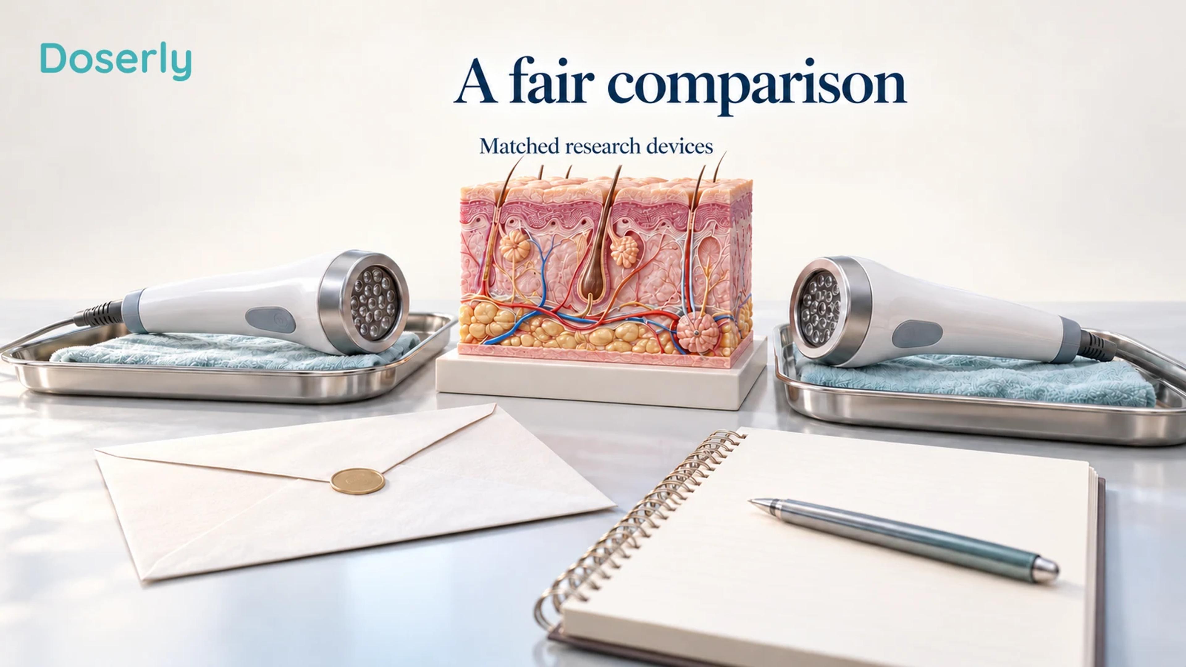 Two identical unlit research probes, a skin teaching model and a sealed envelope illustrate a controlled device comparison.