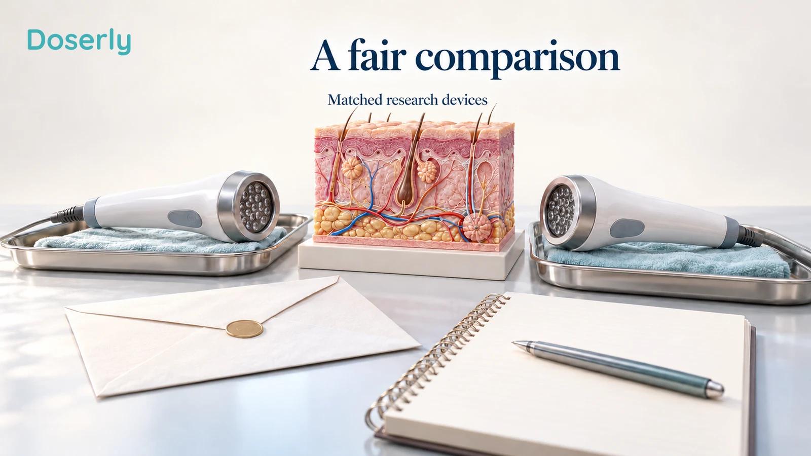 Two identical unlit research probes, a skin teaching model and a sealed envelope illustrate a controlled device comparison.
