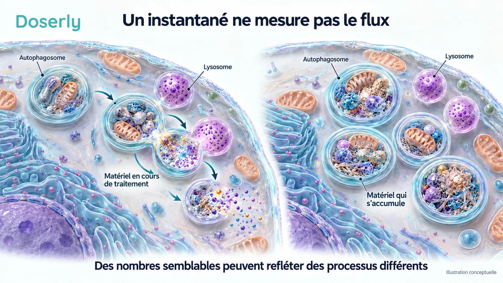 Deux cellules conceptuelles montrent le matériel en cours de traitement lysosomal, comparé à son accumulation dans des vésicules
