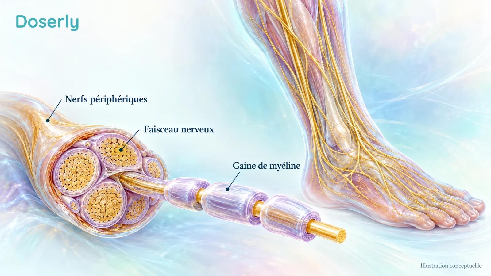 Une jambe et un pied translucides montrent des ramifications nerveuses périphériques à côté d’un faisceau nerveux agrandi et d’une gaine de myéline.