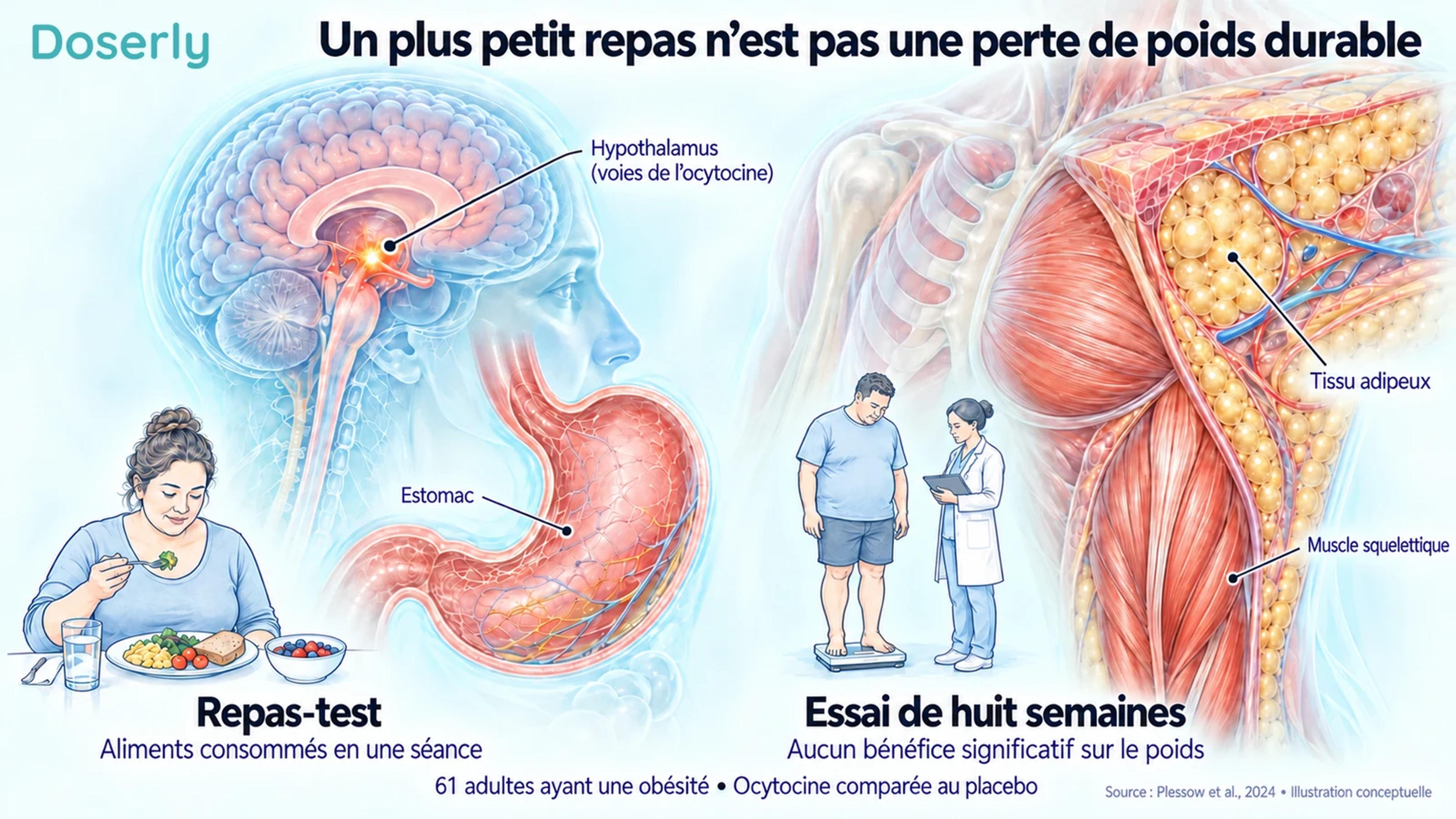 Anatomie du cerveau, de l’estomac, du tissu adipeux et des muscles, à côté d’illustrations des mesures du repas et du poids.