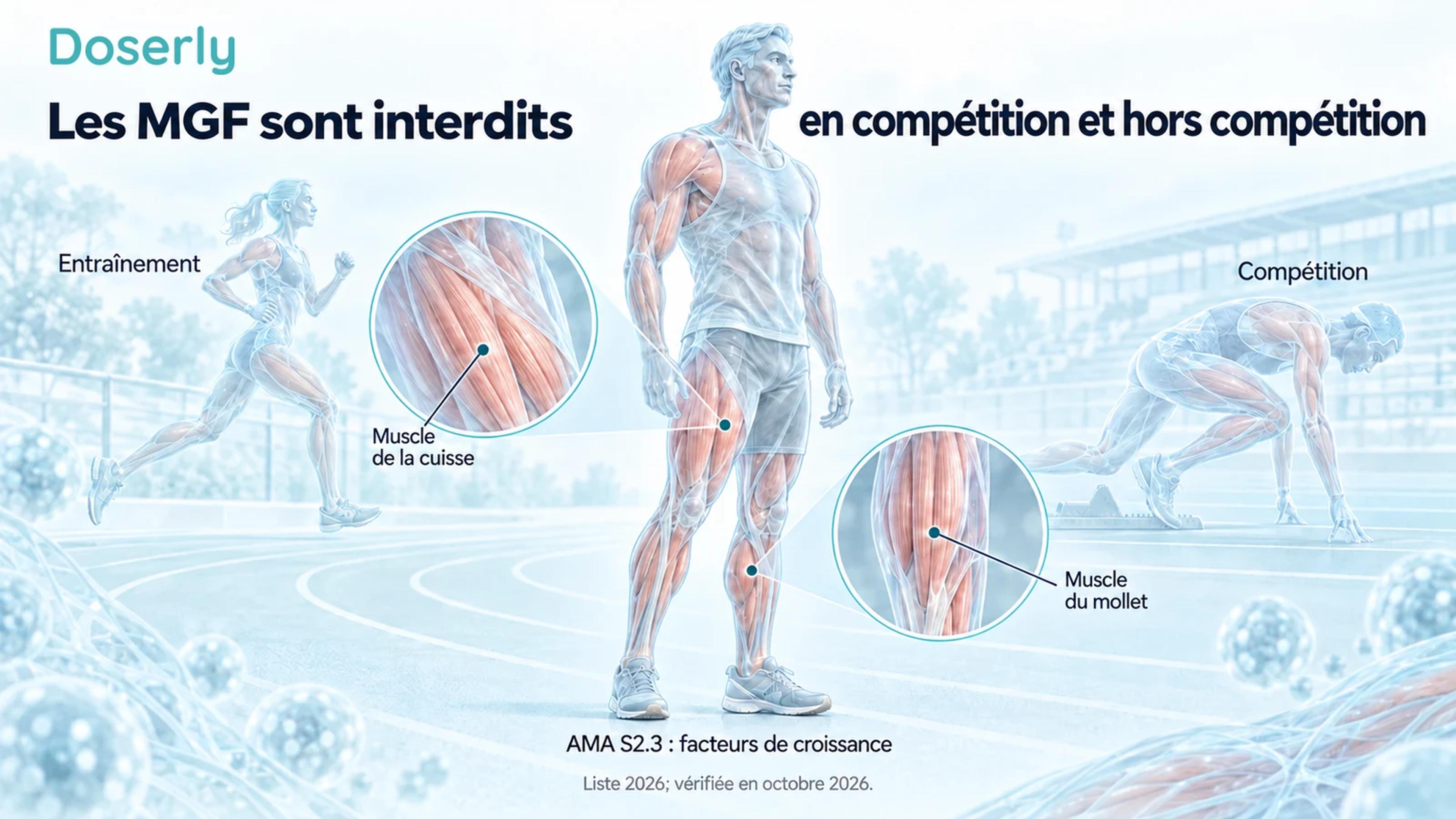 Un coureur translucide et des scènes illustrées d’entraînement et de compétition présentent la catégorie des facteurs de croissance MGF sans représenter de bienfait sur la performance.