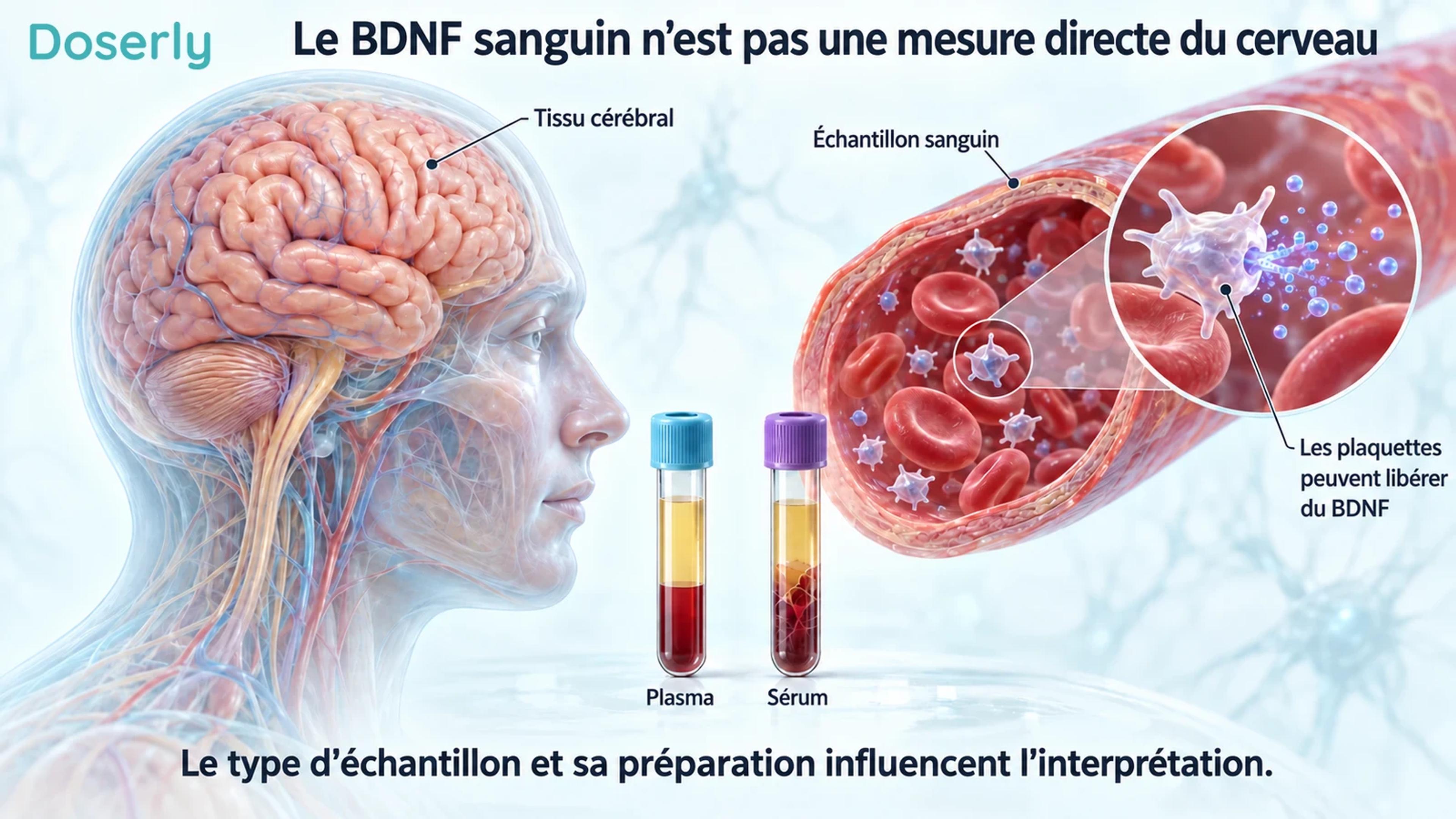 Tissu cérébral à côté d’un vaisseau sanguin distinct, libération de BDNF par les plaquettes et tubes d’échantillons de plasma et de sérum.
