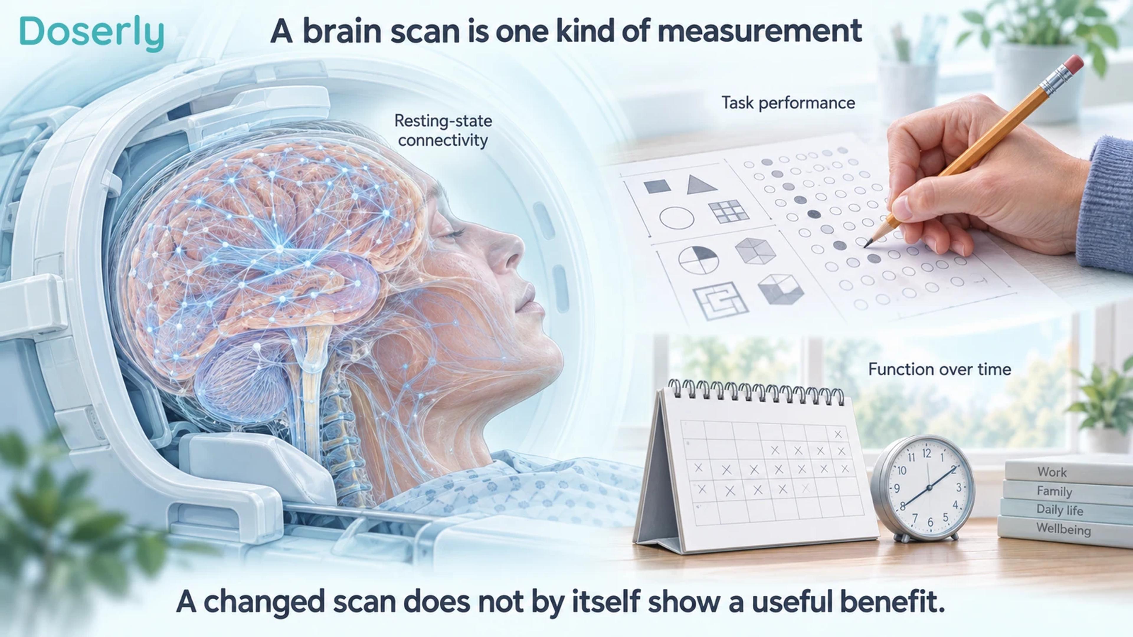 A detailed MRI head coil and brain beside separate task-performance and longer-term function measurements.