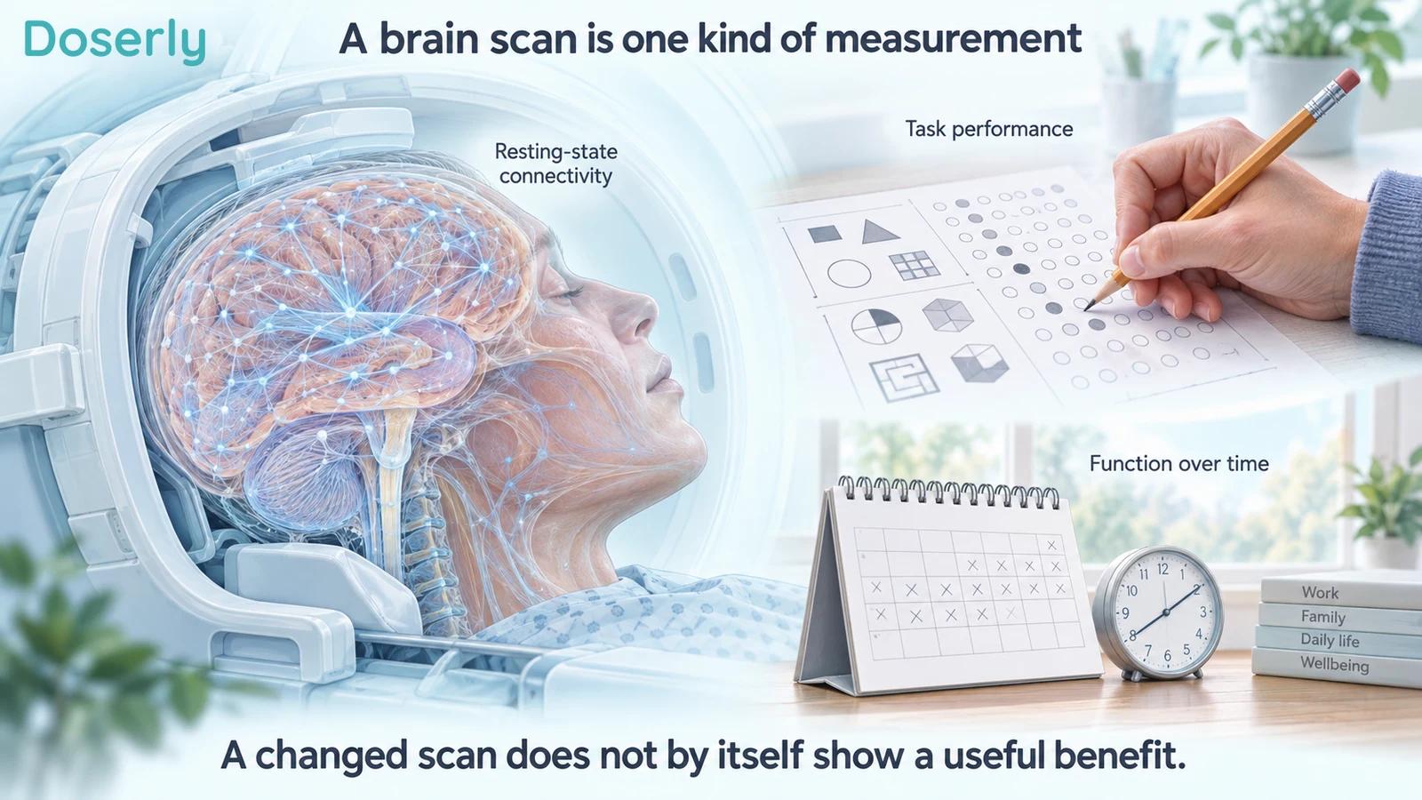 A detailed MRI head coil and brain beside separate task-performance and longer-term function measurements.