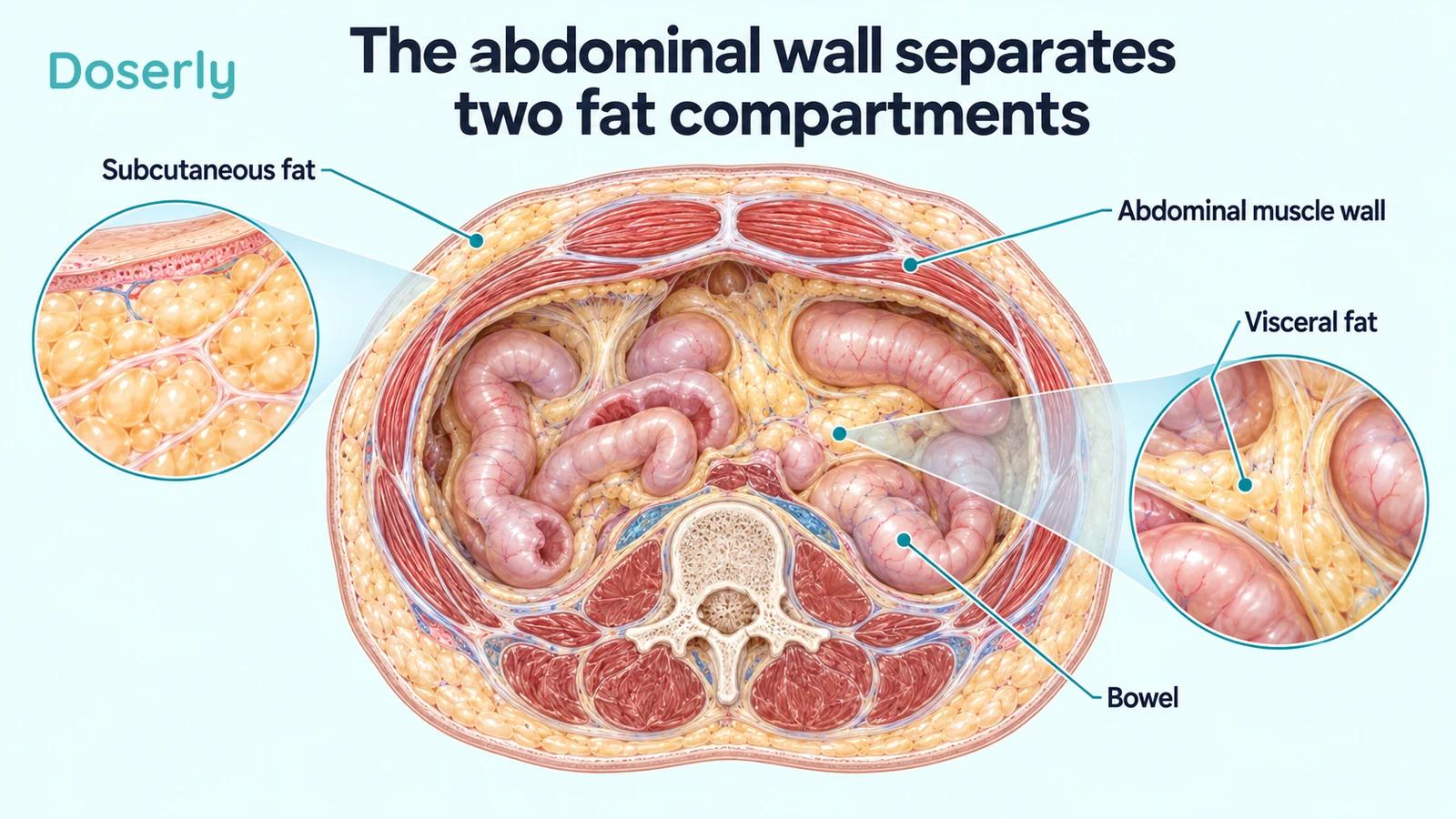 Axial abdominal anatomy distinguishing the subcutaneous layer, abdominal muscle wall, bowel, and internal visceral fat