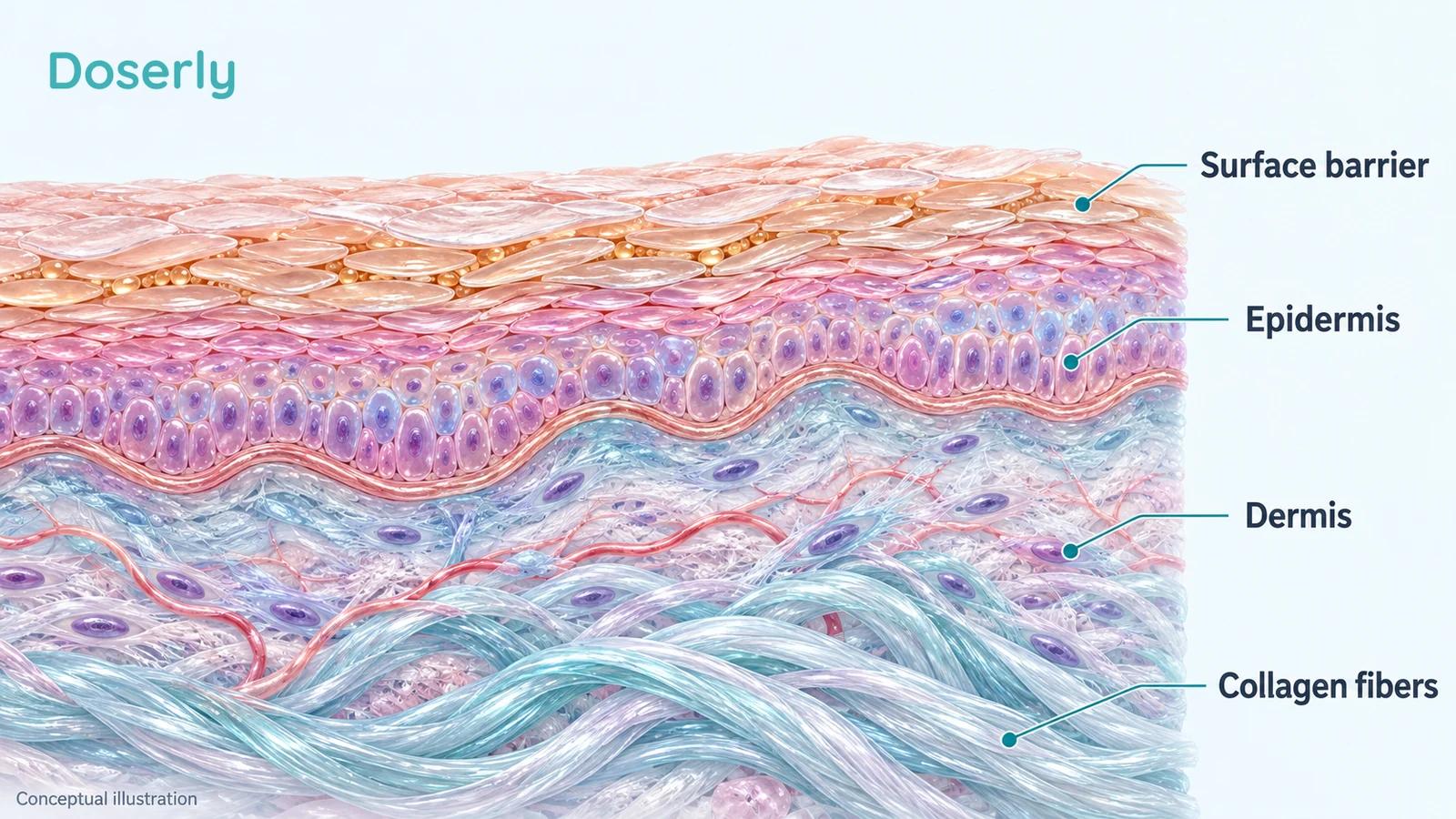 Detailed conceptual skin cutaway showing the surface barrier, epidermis, dermis and collagen fibers.