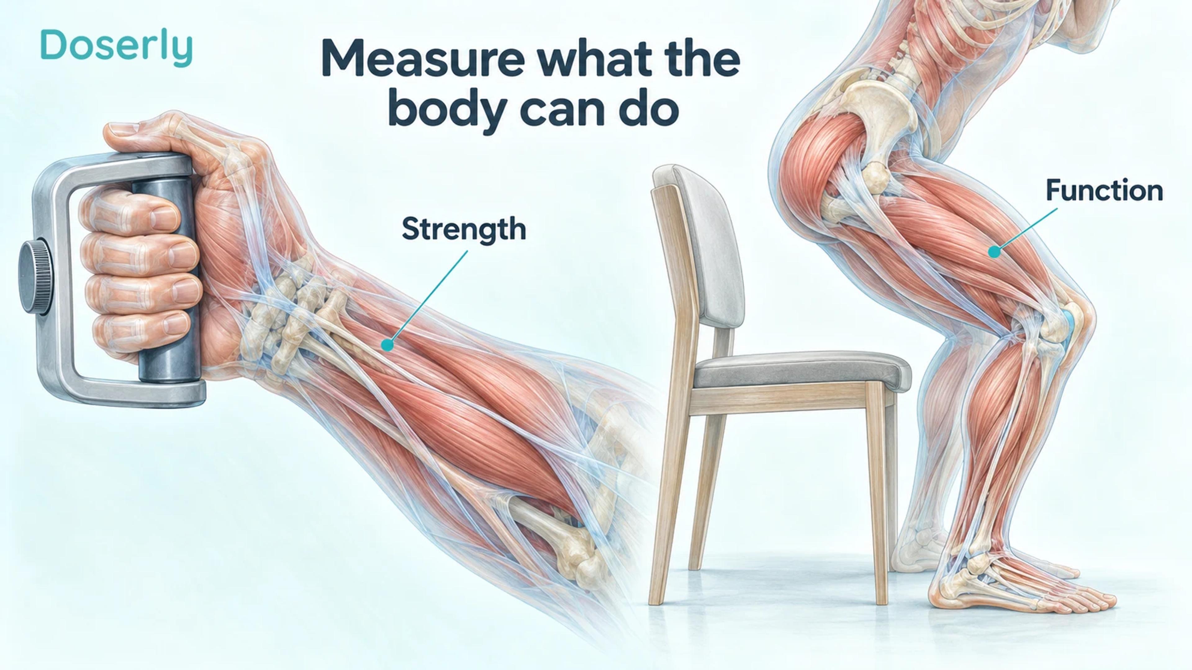 Anatomical forearm gripping a dynamometer beside illustrated lower limbs rising from a chair.