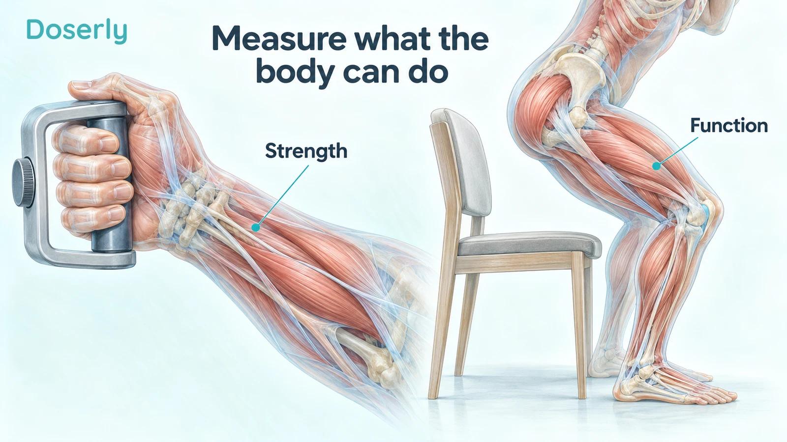 Anatomical forearm gripping a dynamometer beside illustrated lower limbs rising from a chair.