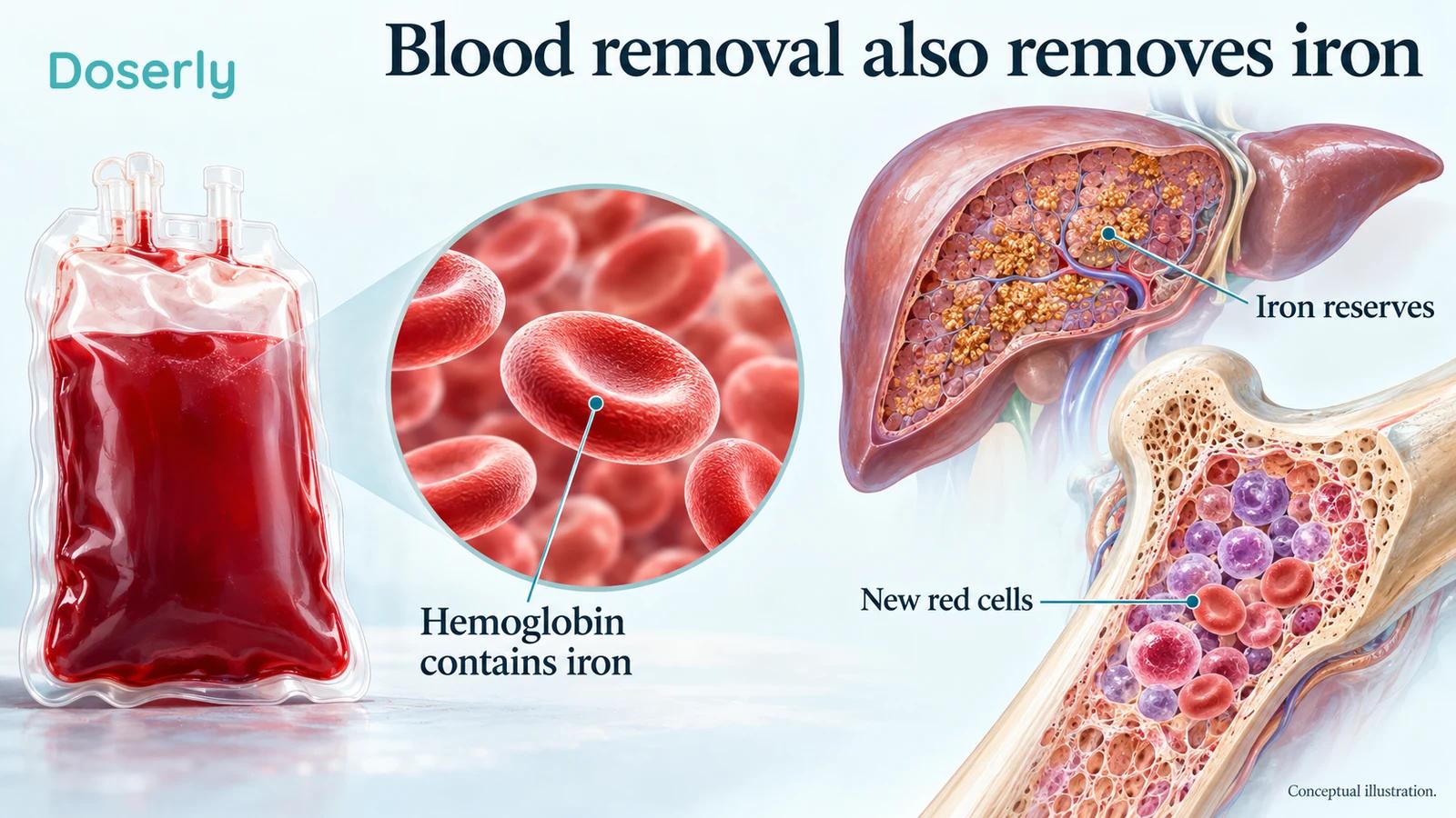 A blood-collection bag and magnified red cells illustrate iron leaving with hemoglobin, while liver and marrow depict separate recovery processes.