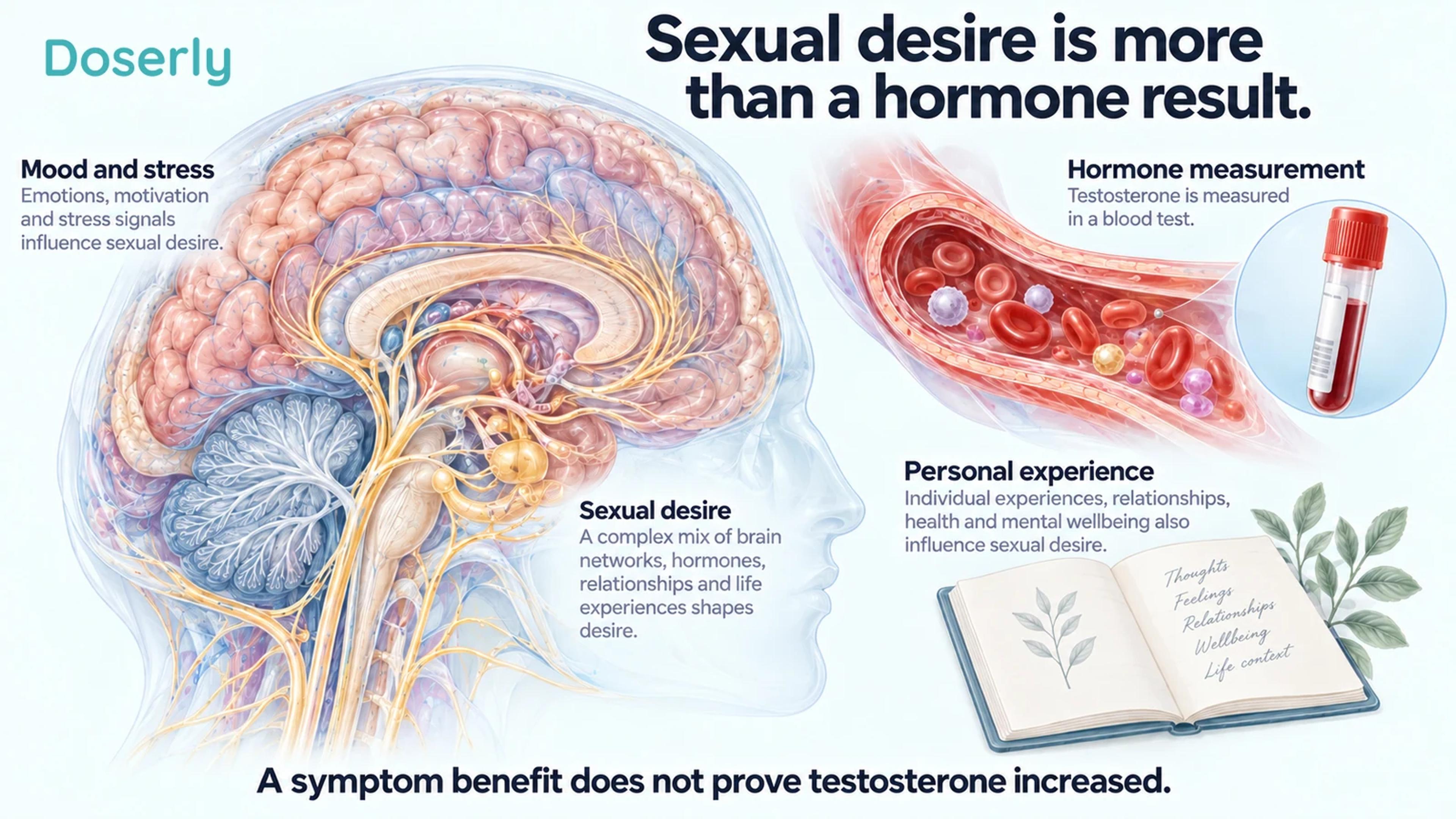 Detailed brain anatomy, a blood-vessel illustration and a personal journal distinguish sexual experience from a hormone measurement.