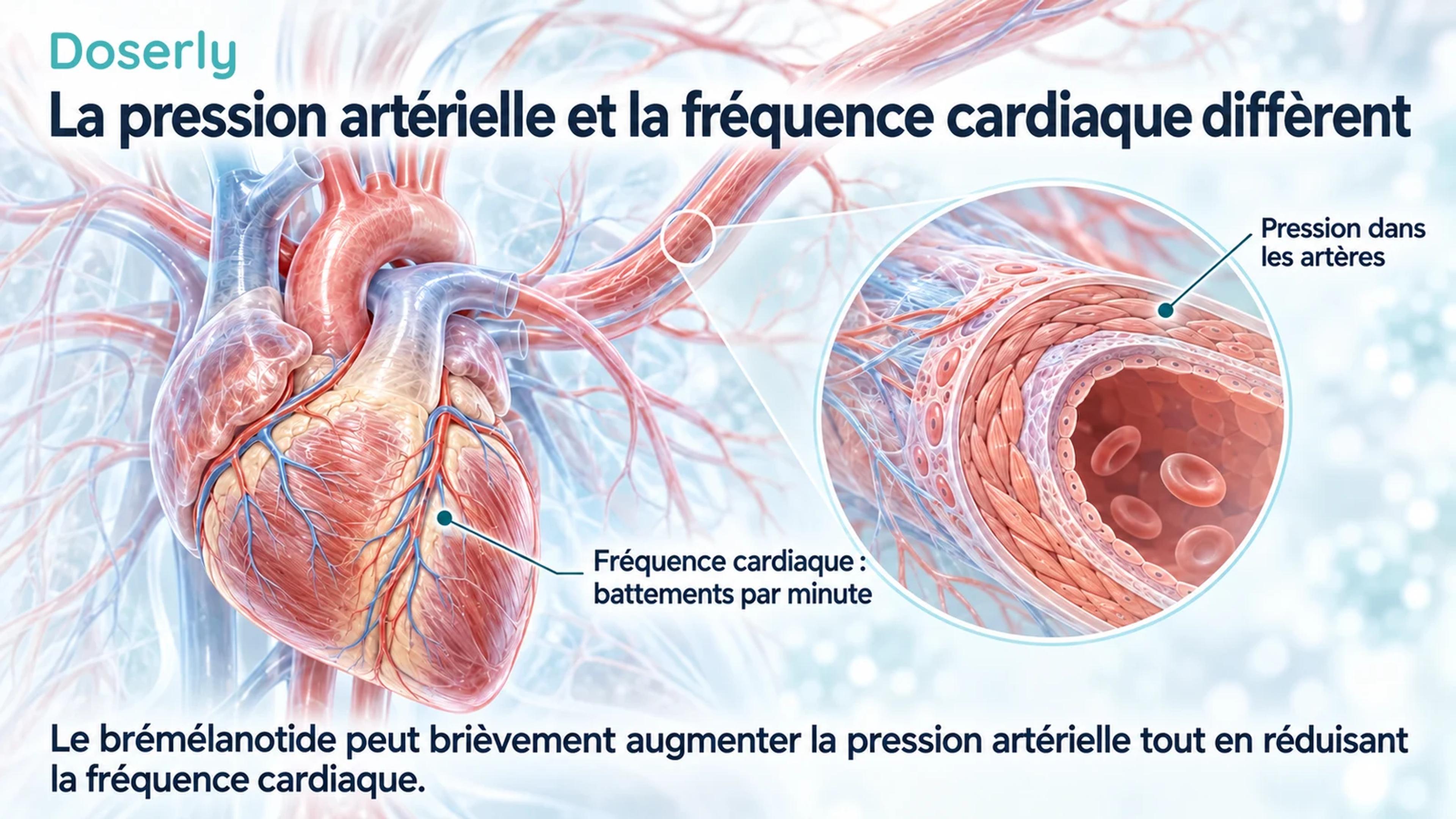 Anatomie détaillée du cœur et des artères illustrant la pression artérielle et la fréquence cardiaque comme des mesures distinctes.