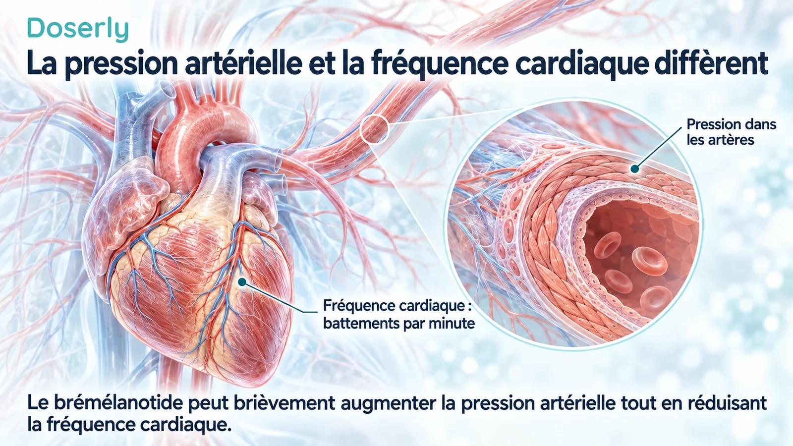Anatomie détaillée du cœur et des artères illustrant la pression artérielle et la fréquence cardiaque comme des mesures distinctes.