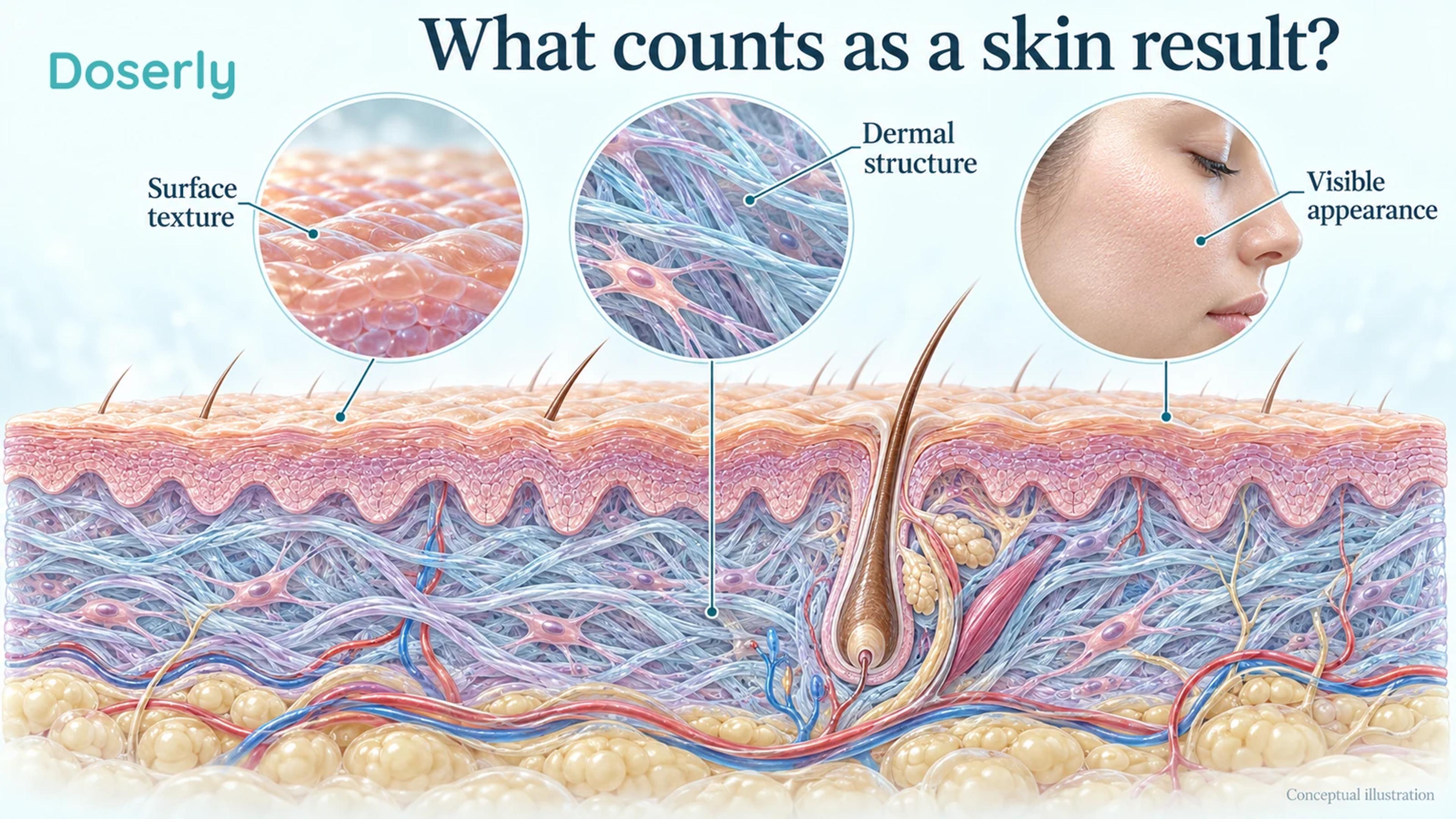 A detailed skin cross-section and three separate measurement concepts: surface texture, dermal structure and visible appearance.