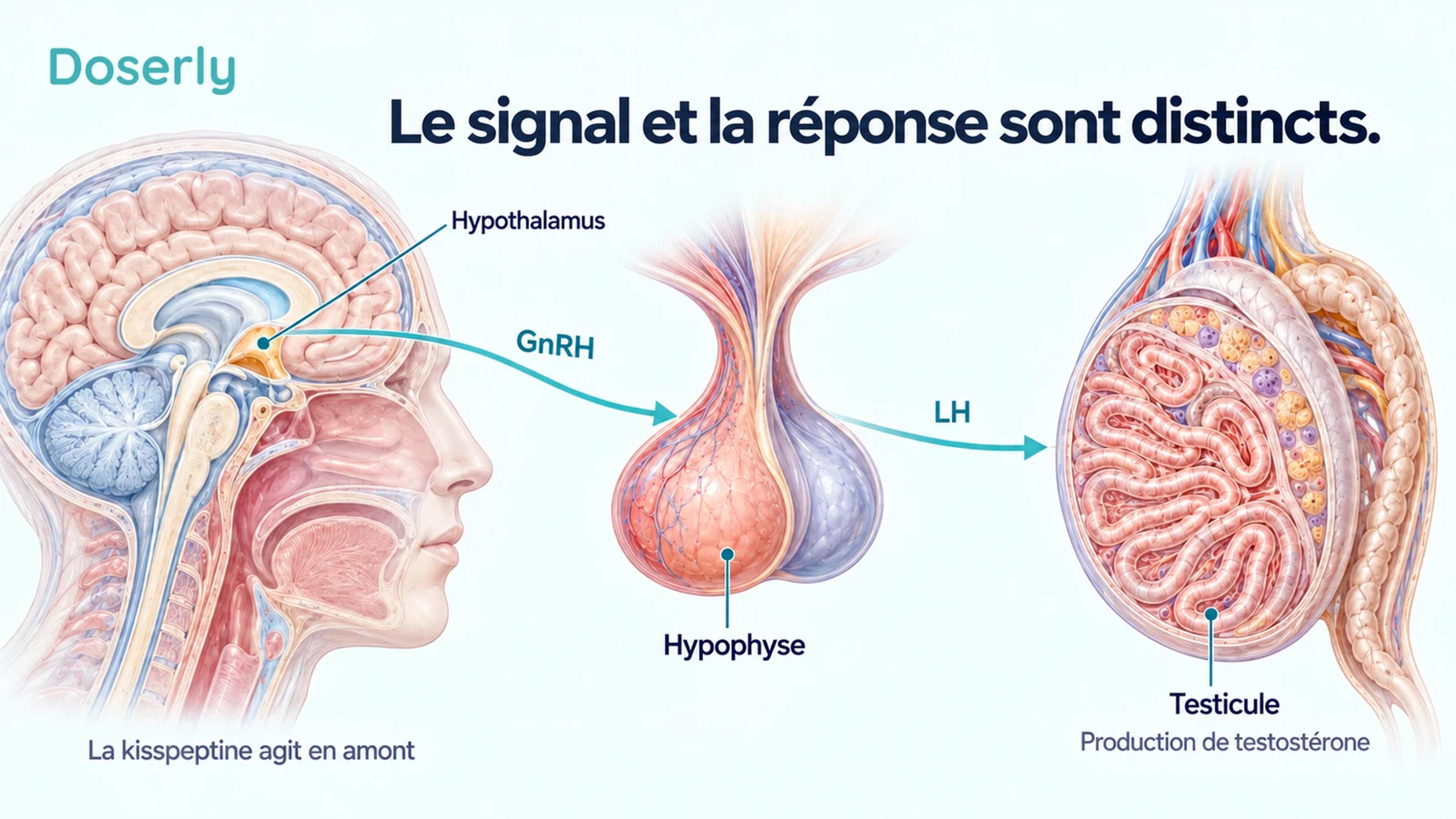 Un cerveau, une hypophyse et un testicule schématiques illustrent la voie de signalisation de la GnRH et de la LH vers les cellules productrices de testostérone.