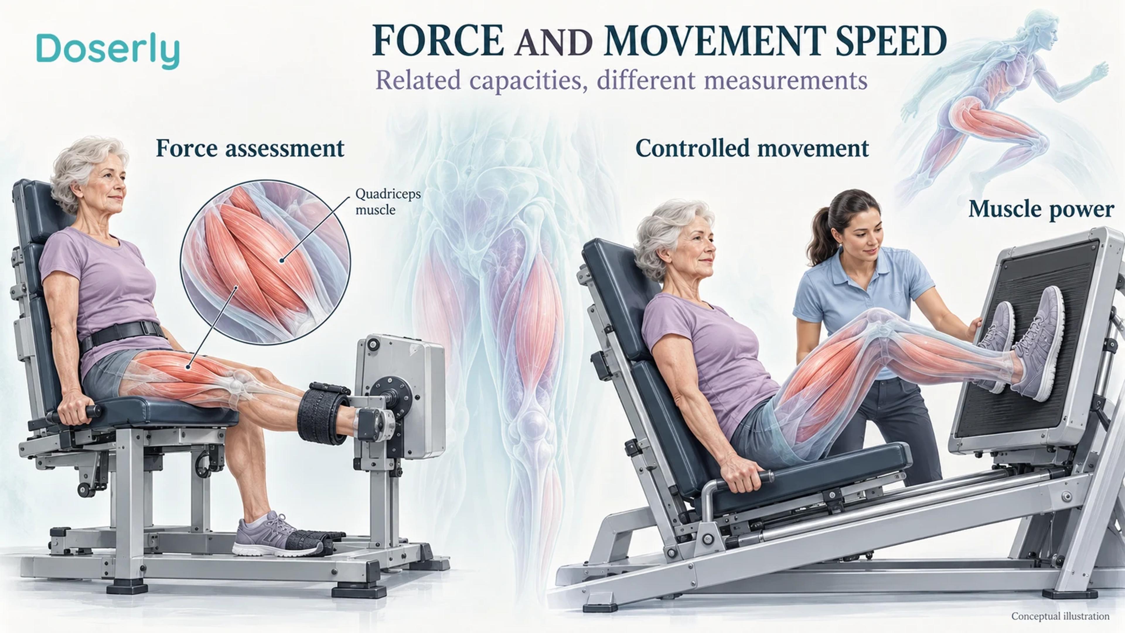 Illustrated leg-strength assessment and separate controlled movement-speed assessment with a muscle inset.