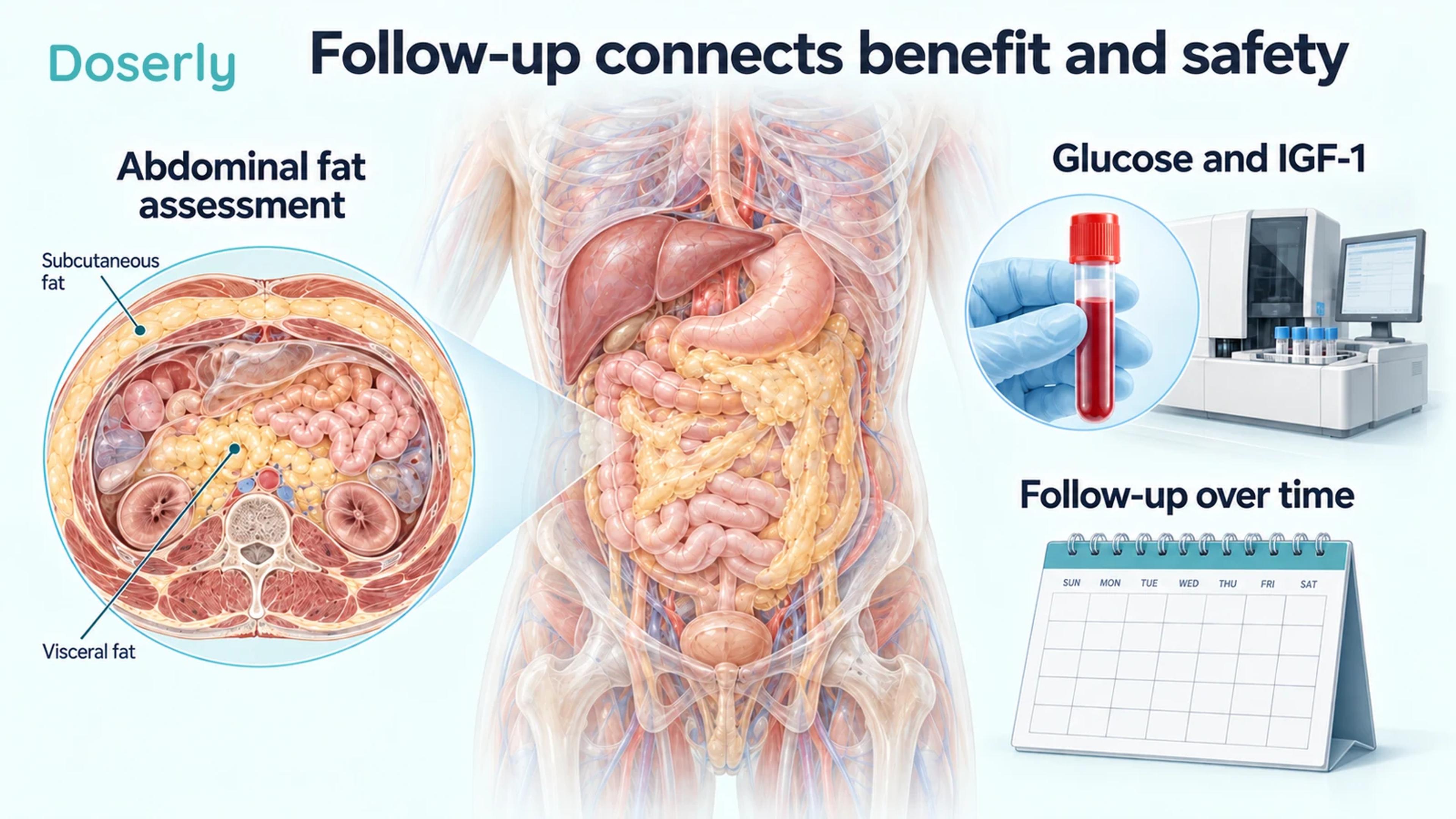 Illustrated abdominal assessment, laboratory sample, and calendar representing benefit and safety follow-up over time