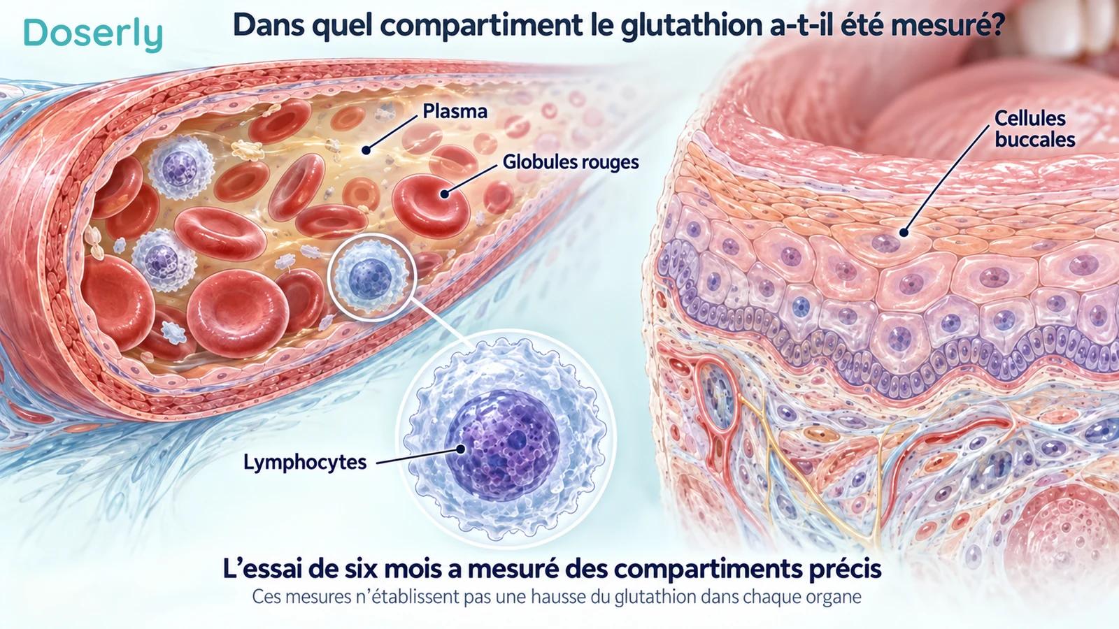 Le plasma sanguin, les globules rouges, un lymphocyte agrandi et l’épithélium de la joue illustrent les compartiments sélectionnés pour les mesures dans l’étude de six mois sur le glutathion.