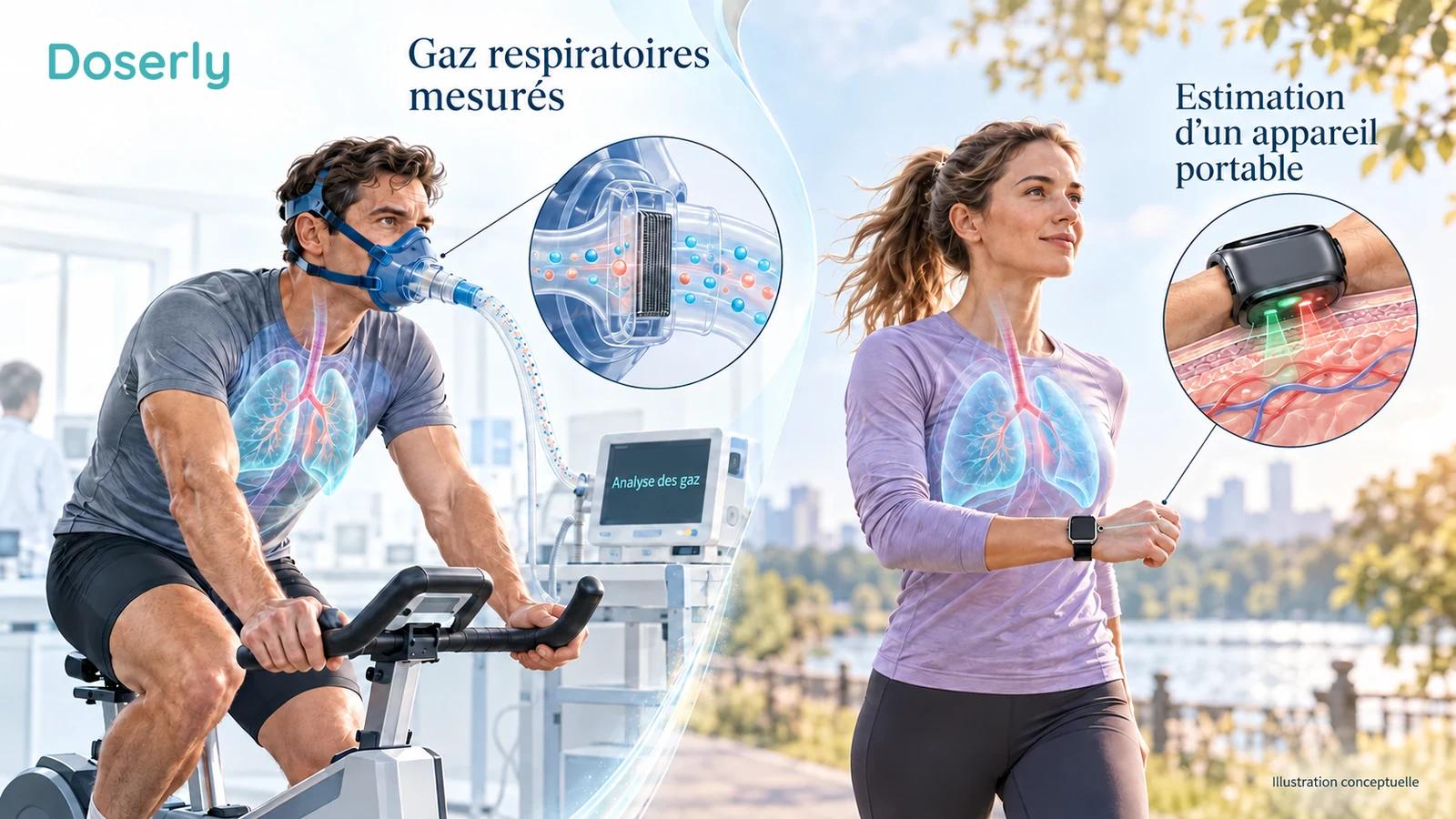Illustration d’une évaluation de l’effort en laboratoire à côté d’une personne qui marche dehors avec une montre.