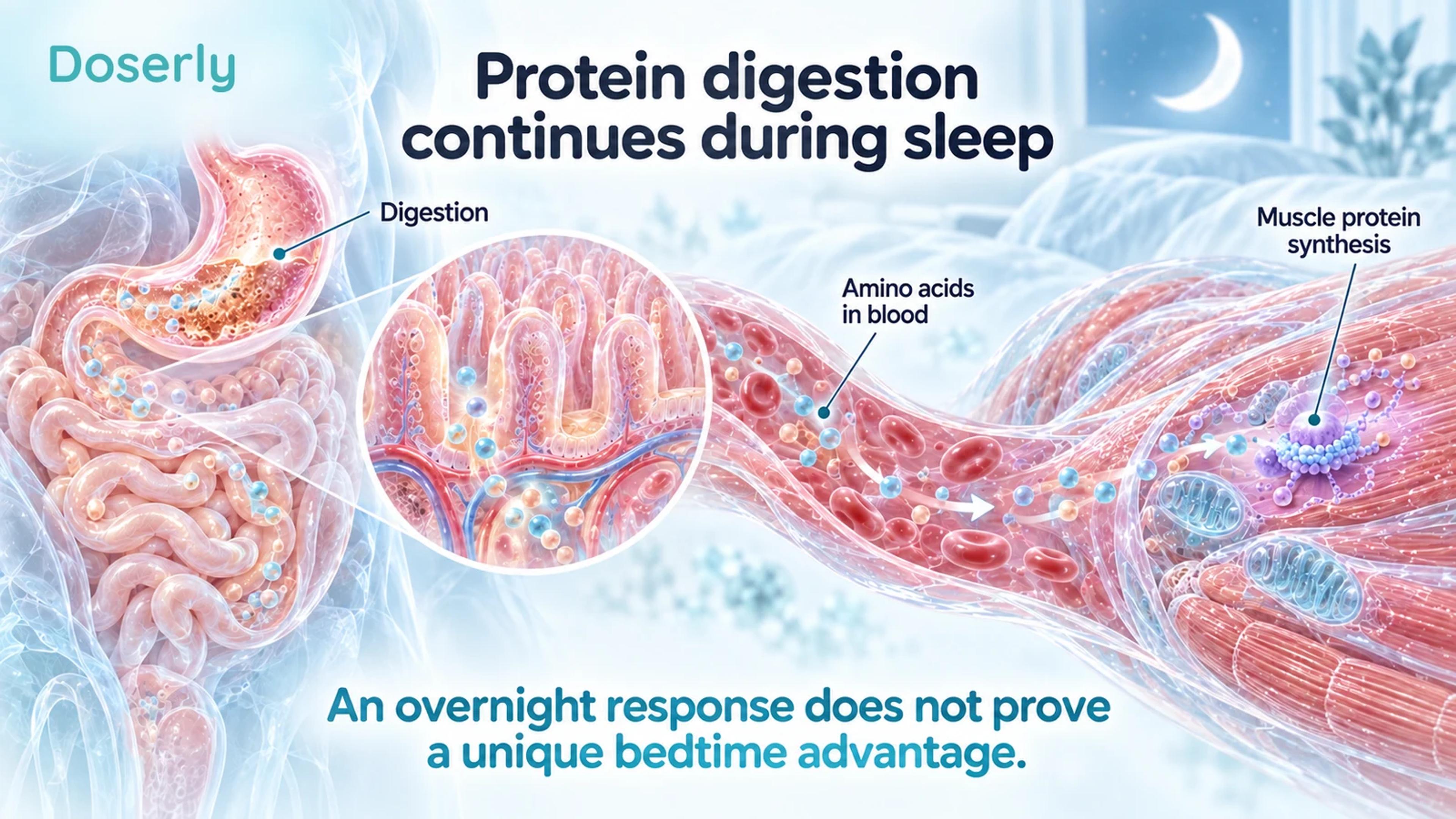 Digestive anatomy, intestinal villi, blood amino acids and a muscle fiber illustrate overnight protein availability.