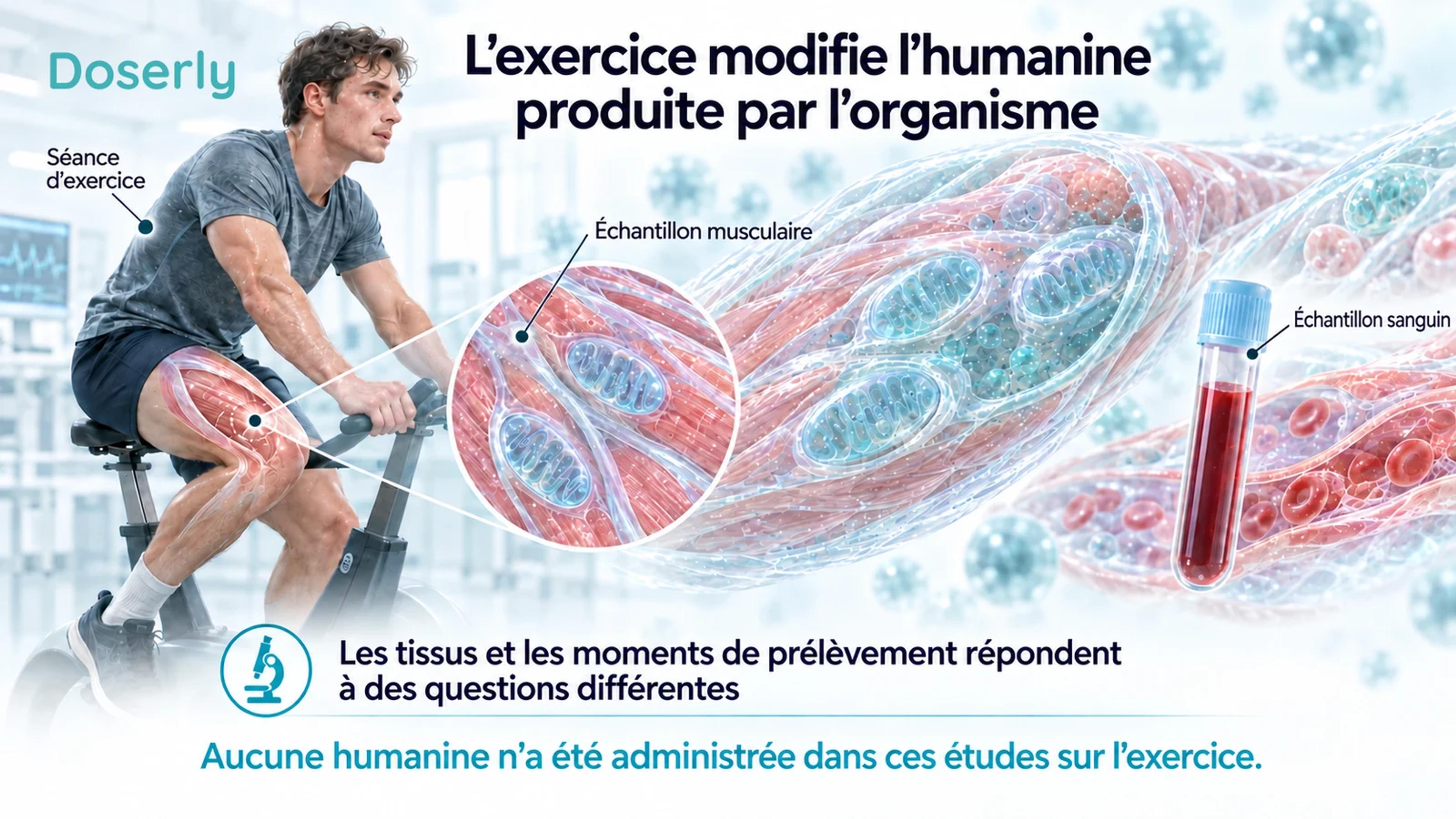 Un cycliste, des fibres musculaires agrandies et un échantillon de sang illustrent la mesure de l’humanine produite par l’organisme autour de l’exercice.