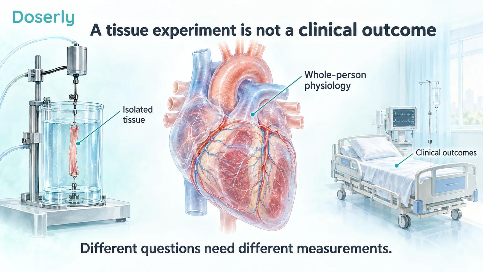 Illustrated atrial tissue in an organ bath, a whole heart and a hospital bed