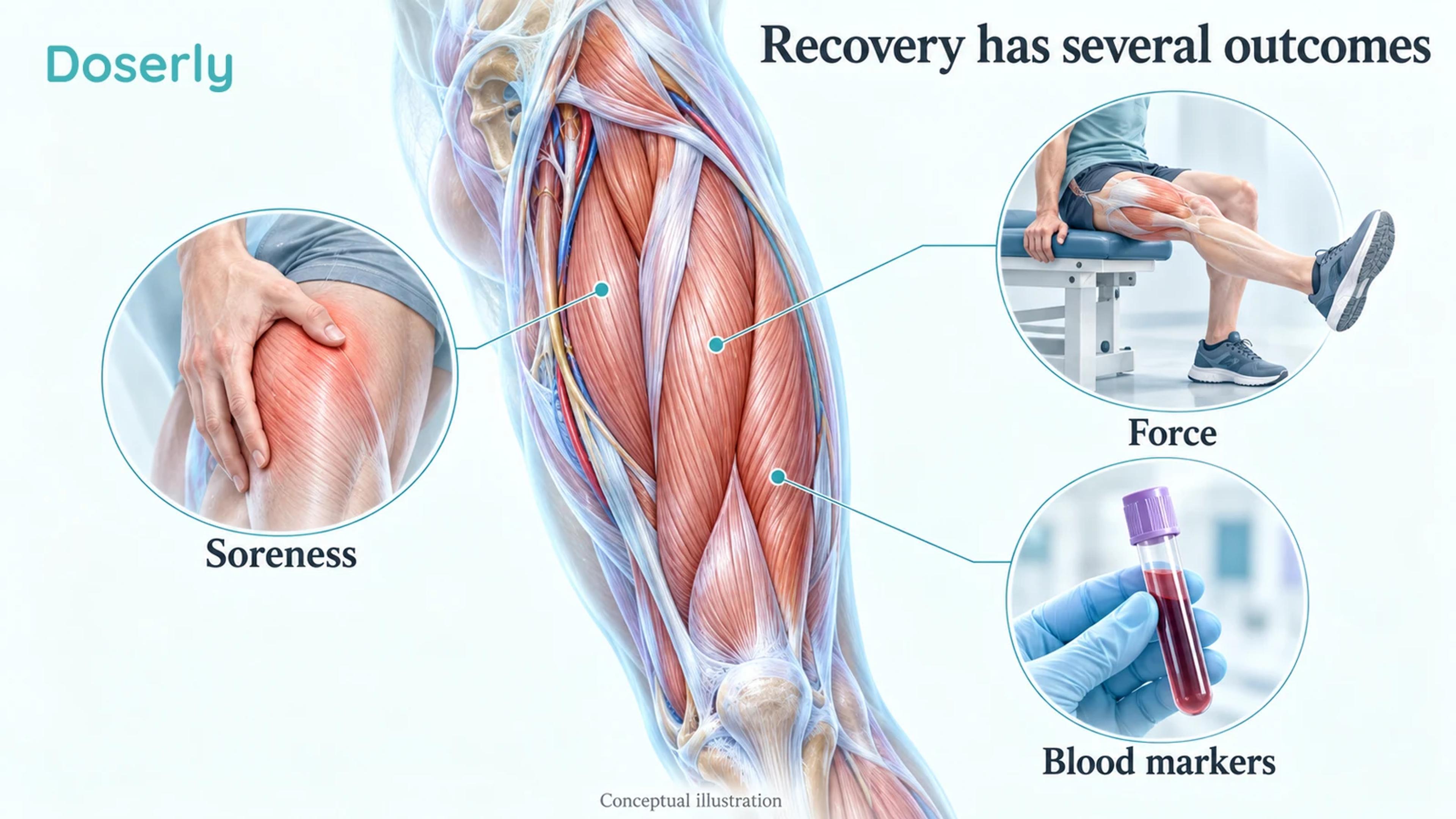 Conceptual cutaway of thigh muscle beside illustrations of soreness assessment, force testing and a blood sample.