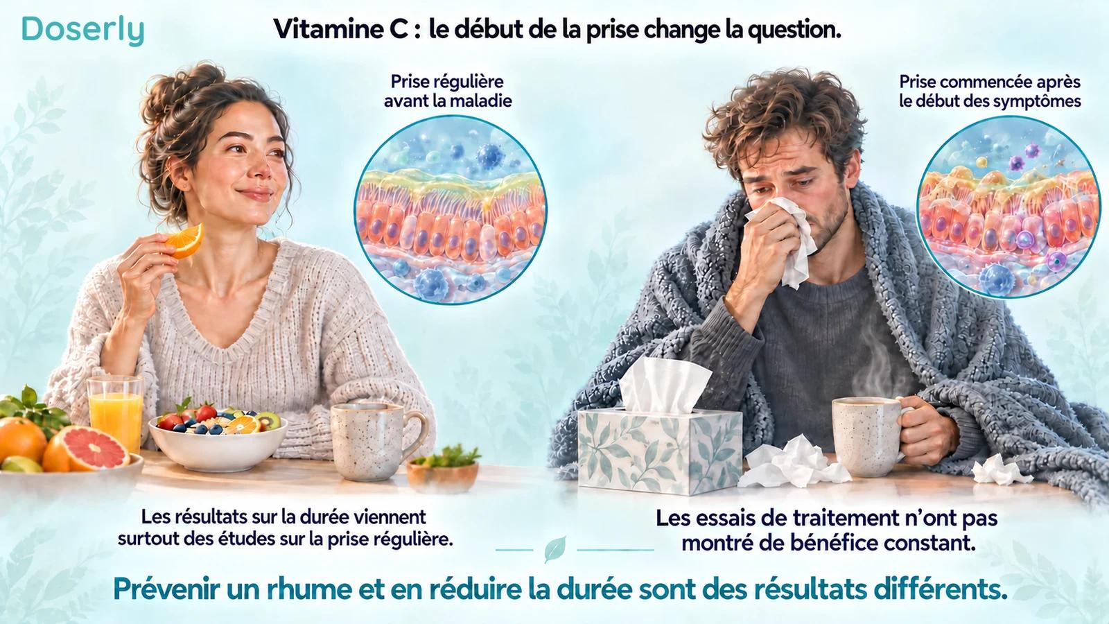 Des scènes distinctes montrent une prise régulière de vitamine C avant la maladie et une prise commencée après les symptômes, avec des encadrés schématiques de la muqueuse des voies respiratoires.